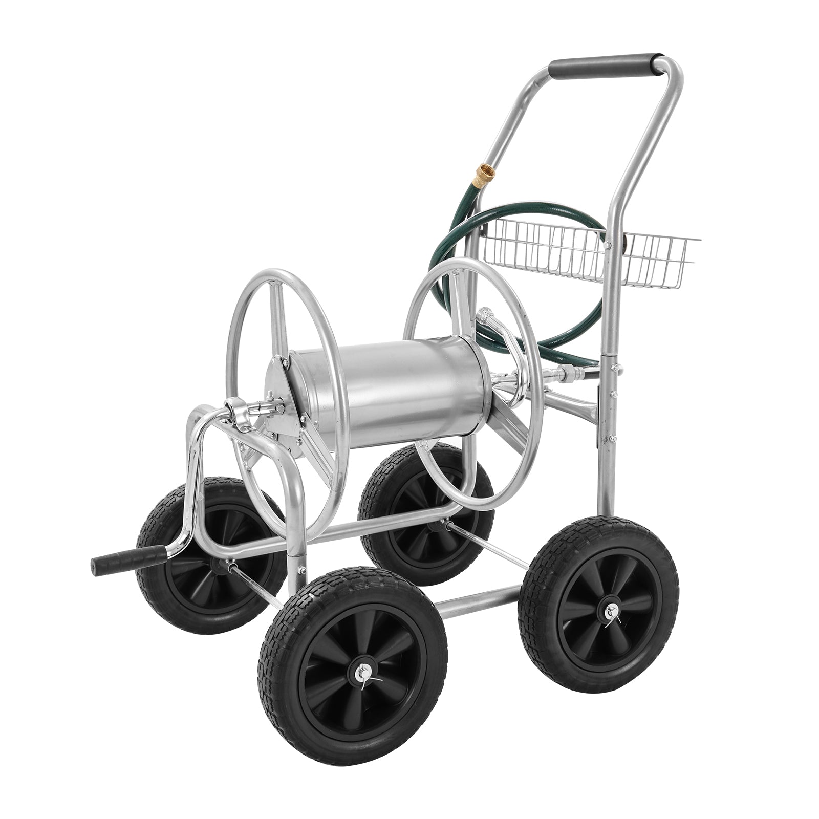 Hose Reel Cart, Hold Up to 250 ft of 5/8’’ Hose, Garden Water Hose Carts Mobile Tools with 4 Wheels, Heavy Duty Powder-coated Steel Outdoor Planting with Storage Basket, for Garden, Yard, Lawn