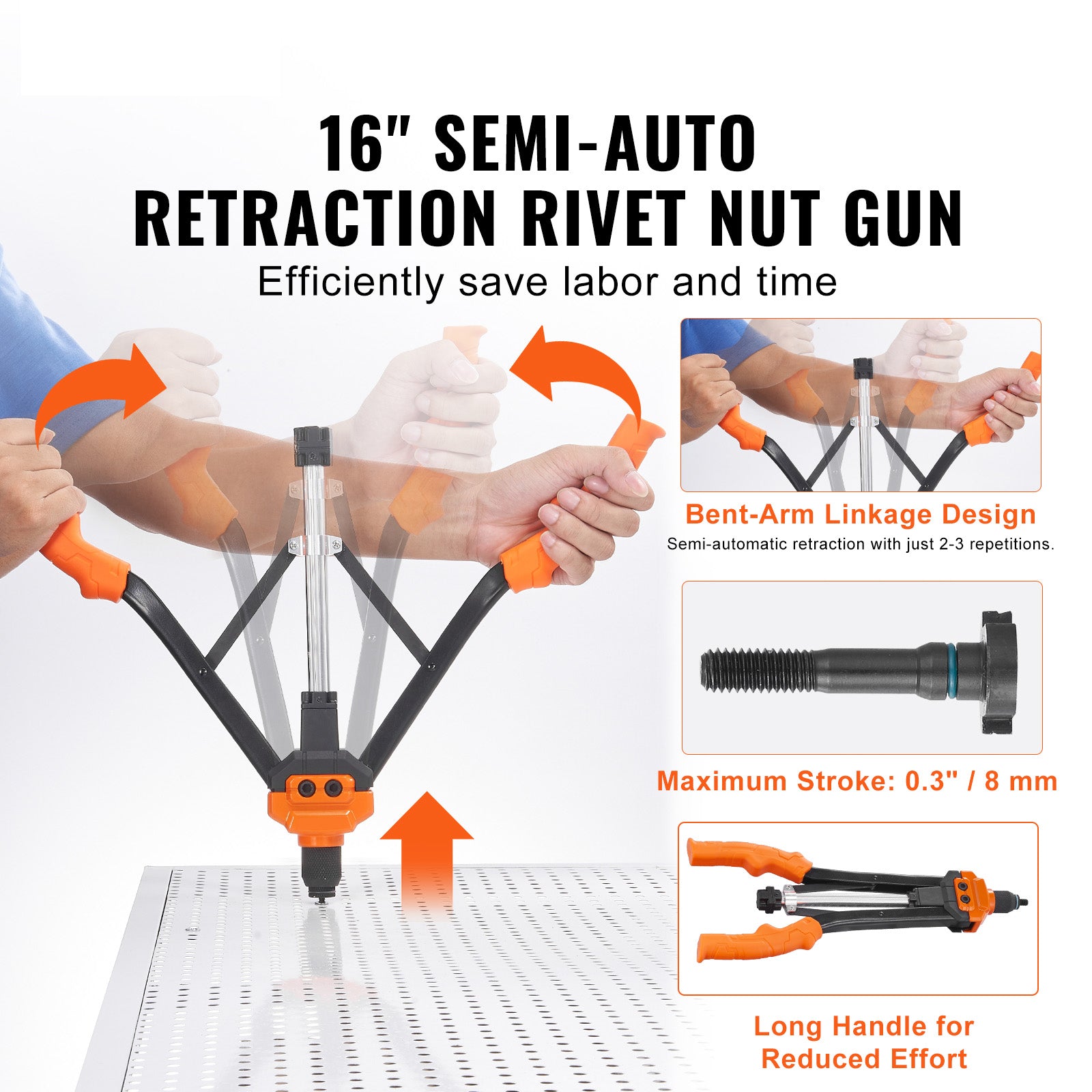 Rivet Nut Tool, 16 inch Rivnut Tool Kit with 13PCS Metric and SAE Mandrels, 186PCS Rivet Nuts, Semi-auto Retraction, M3, M4, M5, M6, M8, M10, M12, 1/4-20, 5/16-18, 3/8-16, 1/2-13, 8-32, 10-24