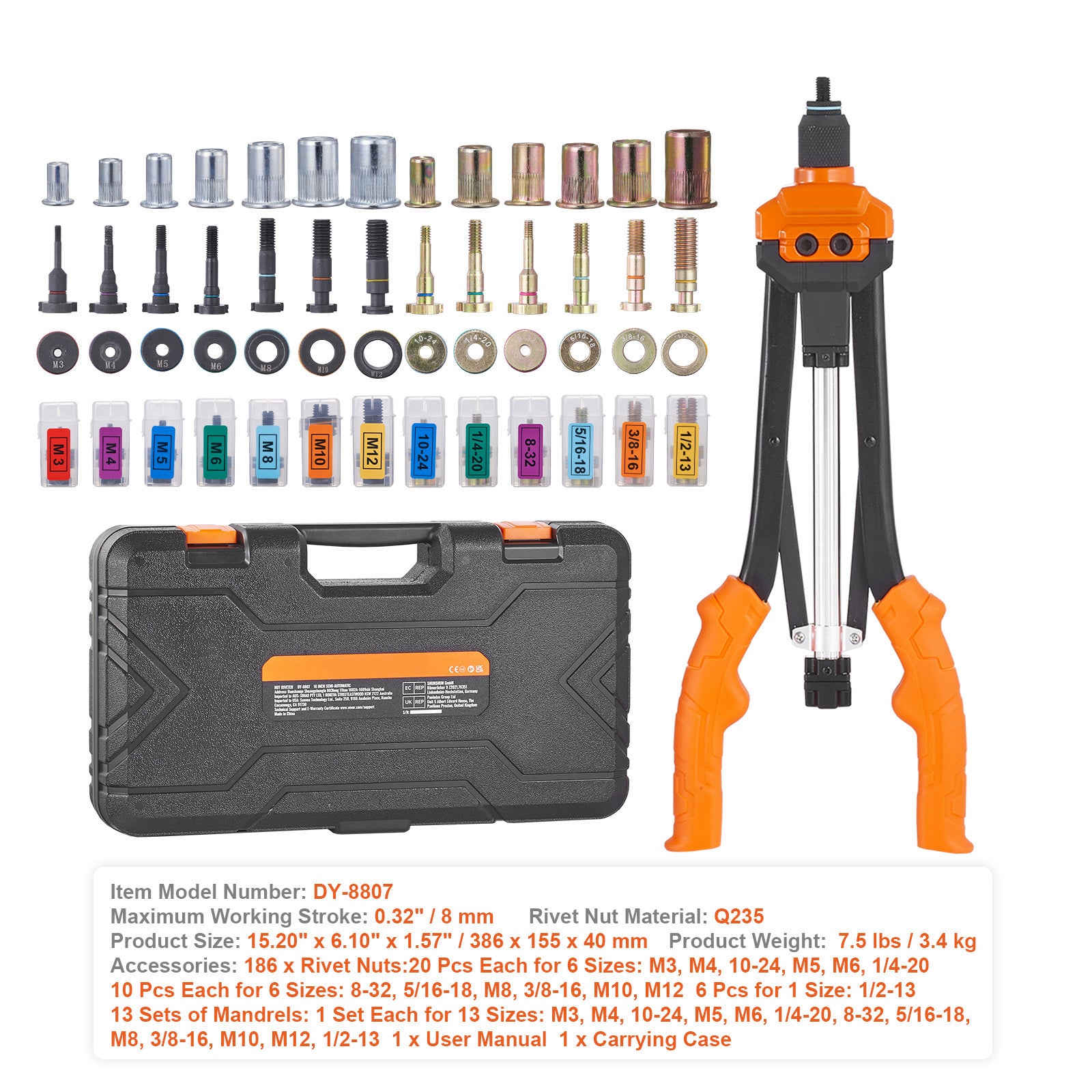 Rivet Nut Tool, 16 inch Rivnut Tool Kit with 13PCS Metric and SAE Mandrels, 186PCS Rivet Nuts, Semi-auto Retraction, M3, M4, M5, M6, M8, M10, M12, 1/4-20, 5/16-18, 3/8-16, 1/2-13, 8-32, 10-24