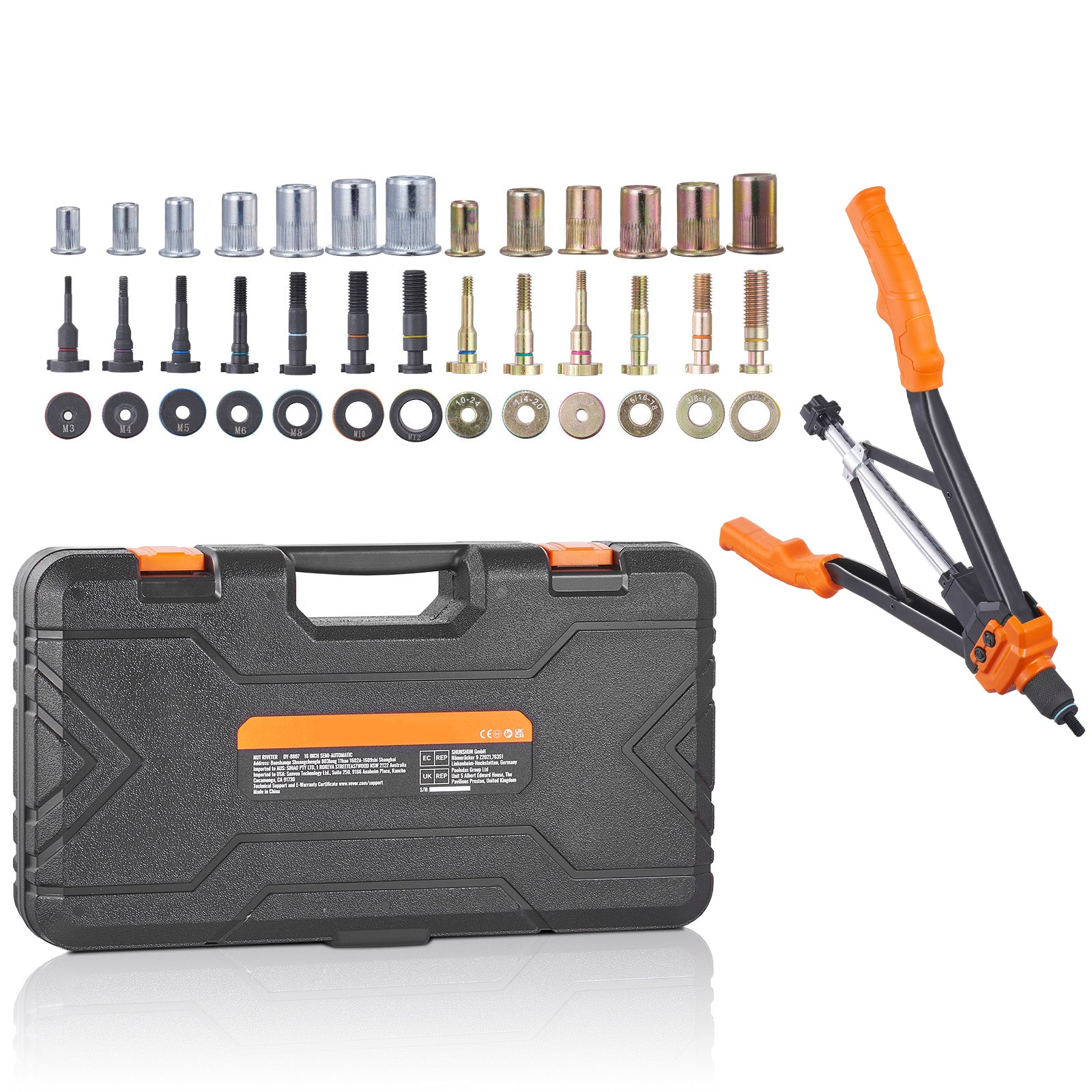 Rivet Nut Tool, 16 inch Rivnut Tool Kit with 13PCS Metric and SAE Mandrels, 186PCS Rivet Nuts, Semi-auto Retraction, M3, M4, M5, M6, M8, M10, M12, 1/4-20, 5/16-18, 3/8-16, 1/2-13, 8-32, 10-24