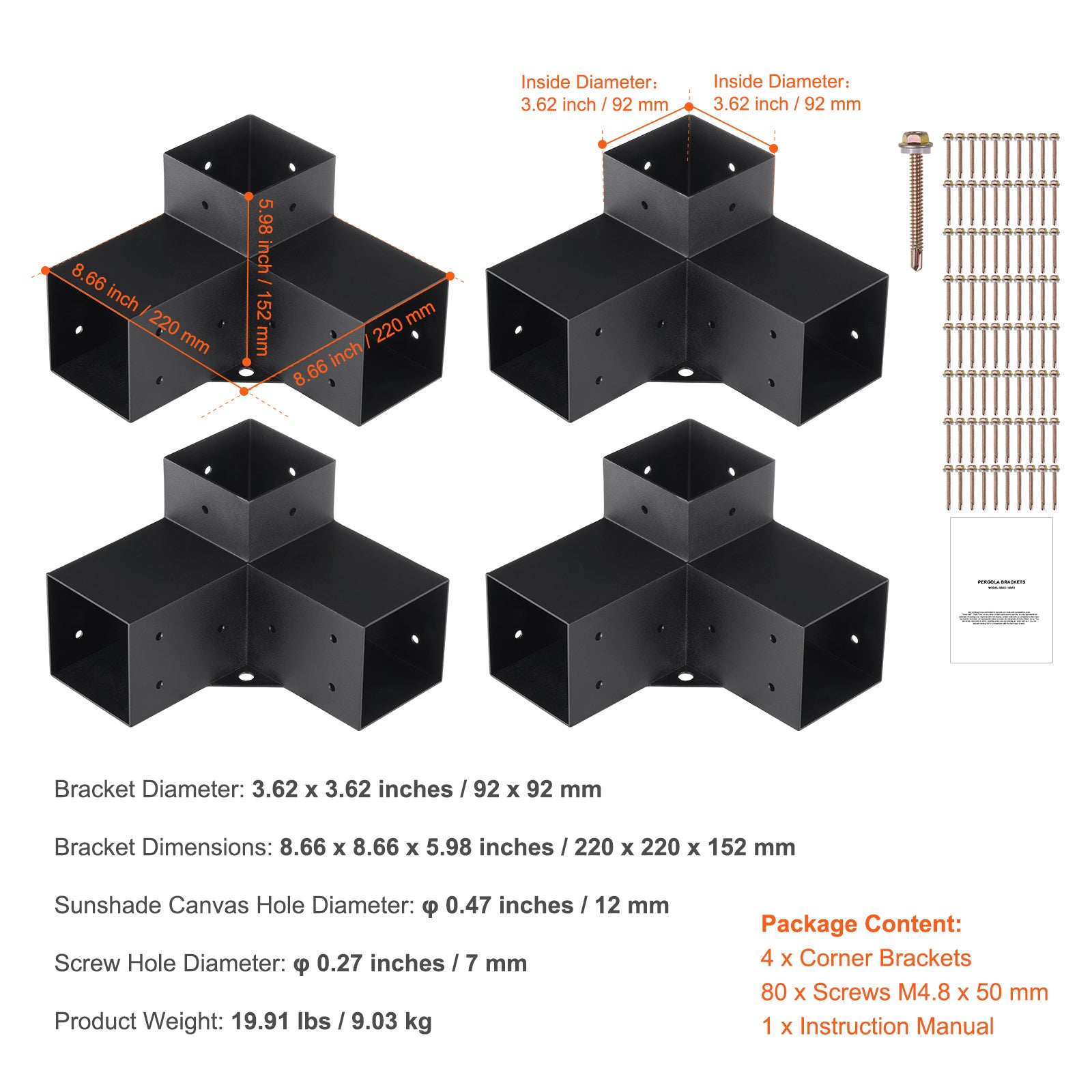 Pergola Bracket Kit 4''x4'', 4pcs 3-Way Heavy Duty Corner Bracket Woodworks DIY Post Base Kit, Easy Installation Wooden Beams for Gazebos, Patio Pergolas, Log Cabin Outdoor Pergola Hardware