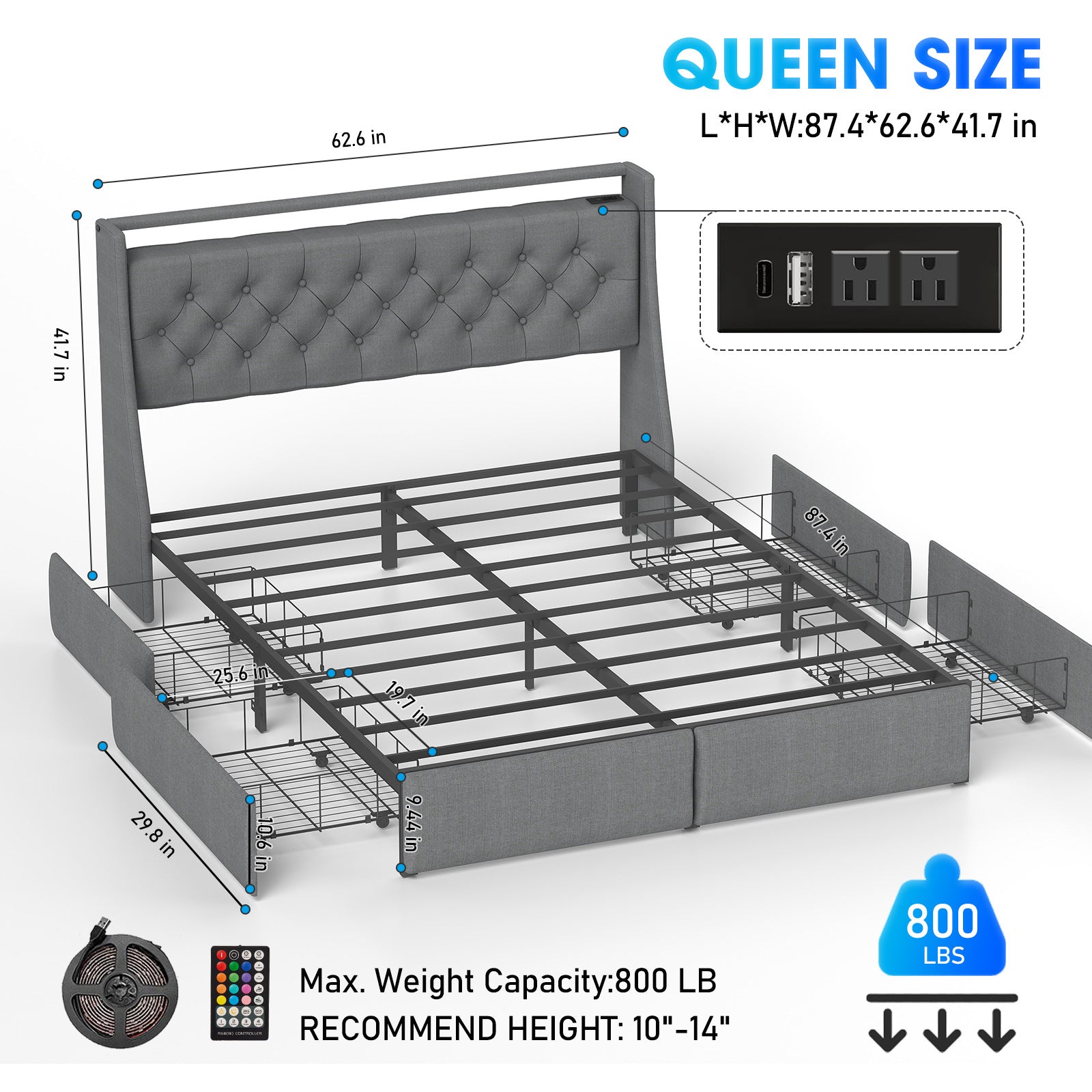 Queen Metal Platform Bed Frame - Grey, Storage Headboard with RGB LED & Charging Station