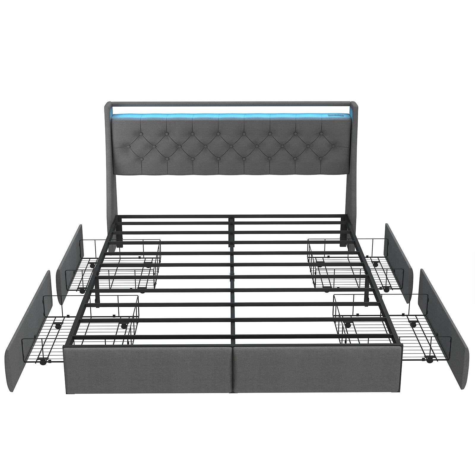 Queen Metal Platform Bed Frame - Grey, Storage Headboard with RGB LED & Charging Station