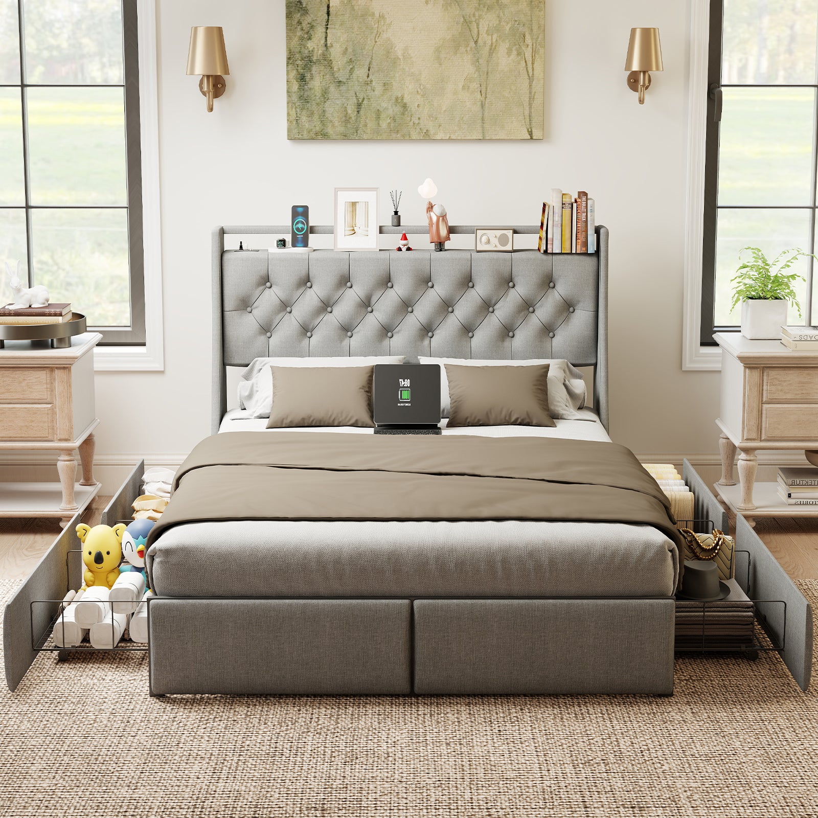 Queen Metal Platform Bed Frame - Grey, Storage Headboard with RGB LED & Charging Station
