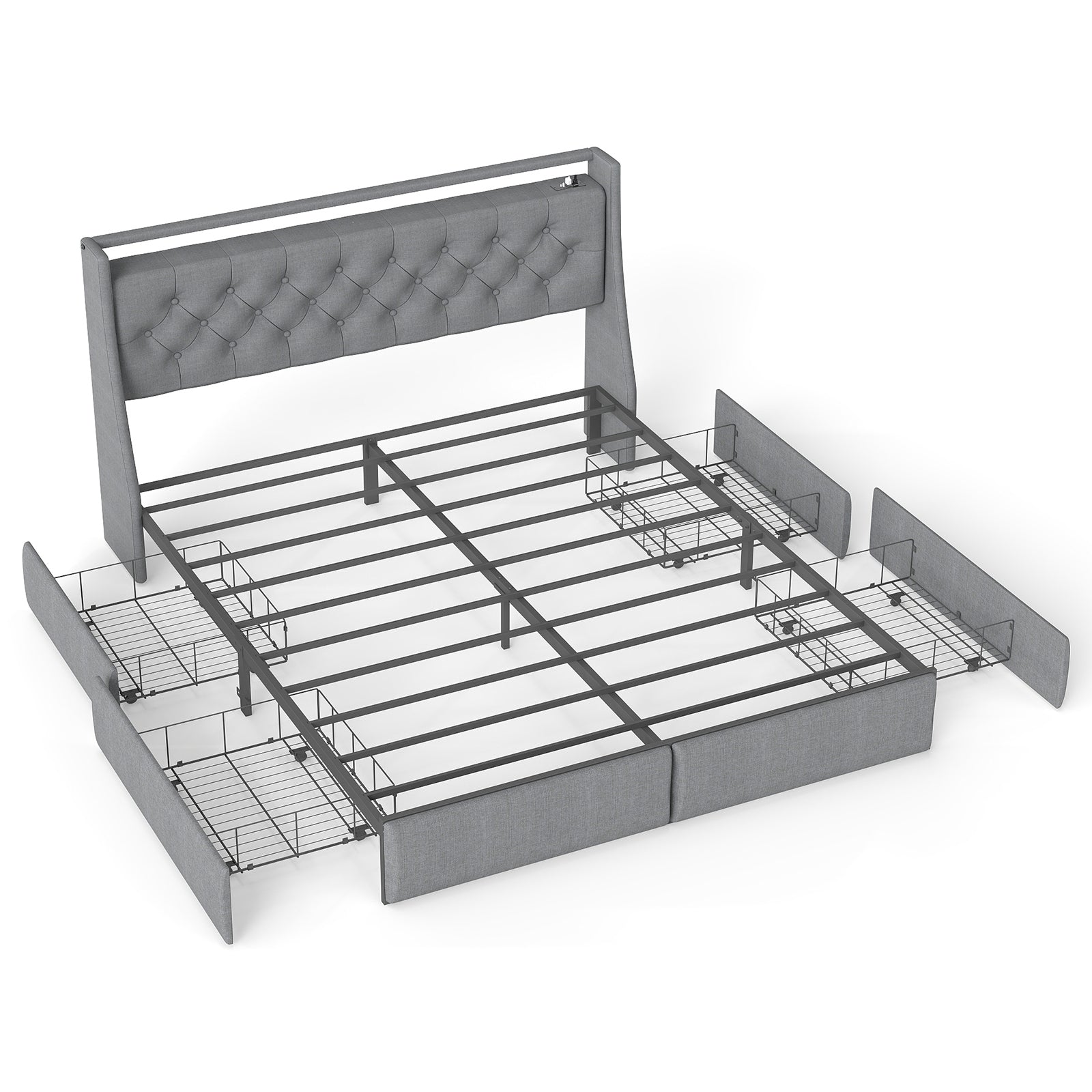 Queen Metal Platform Bed Frame - Grey, Storage Headboard with RGB LED & Charging Station