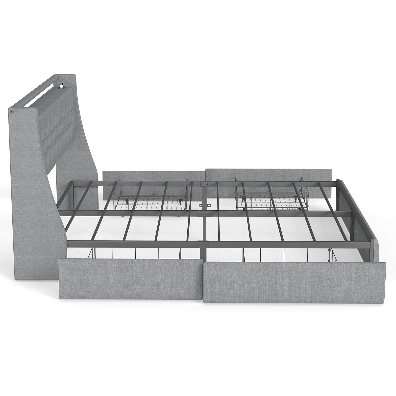 Queen Metal Platform Bed Frame - Grey, Storage Headboard with RGB LED & Charging Station