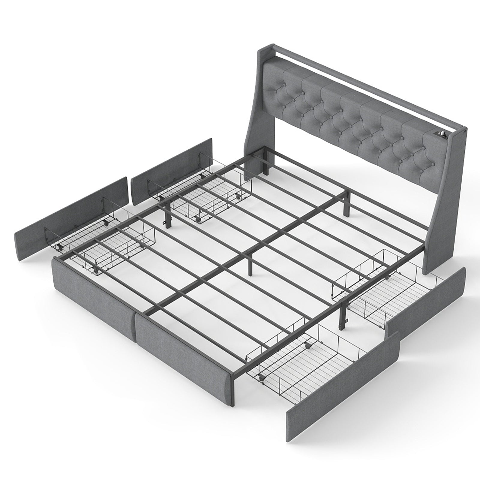 Queen Metal Platform Bed Frame - Grey, Storage Headboard with RGB LED & Charging Station