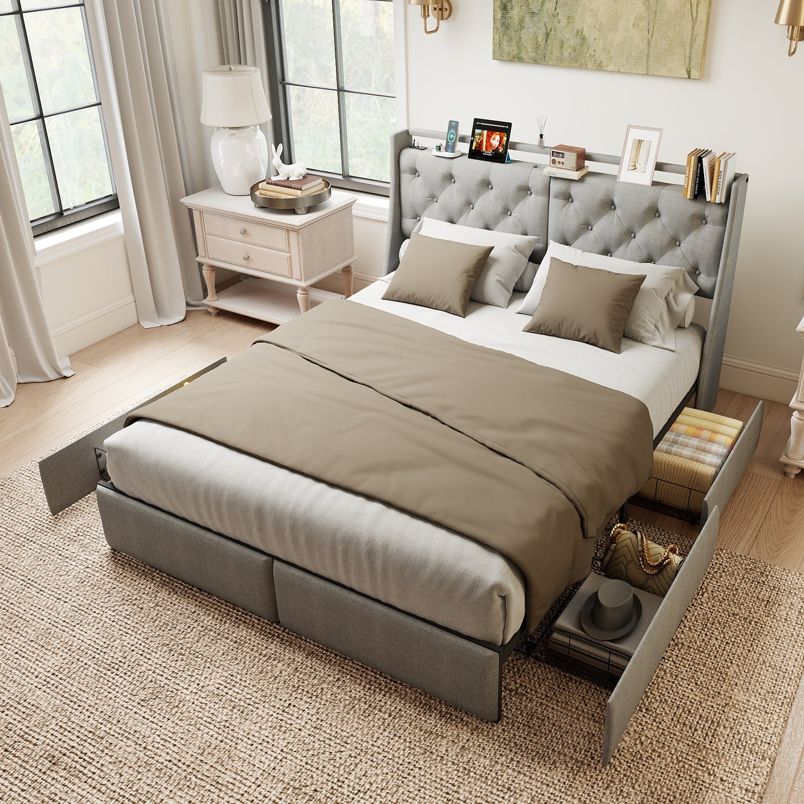 Queen Metal Platform Bed Frame - Grey, Storage Headboard with RGB LED & Charging Station