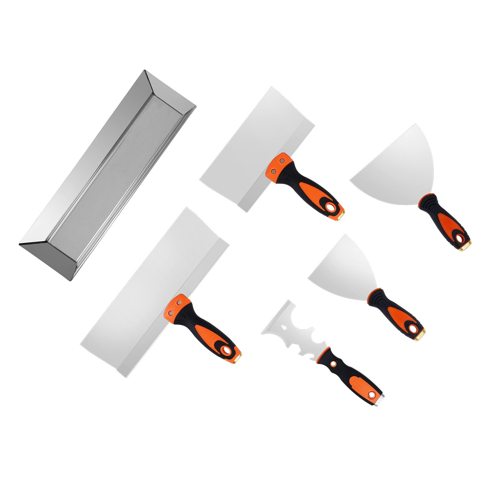 6PCS Drywall Knife Set , Stainless Steel Paint Scraper Putty Knife 3'' 4'' 6'' 8'' 12'' with Mud Pan