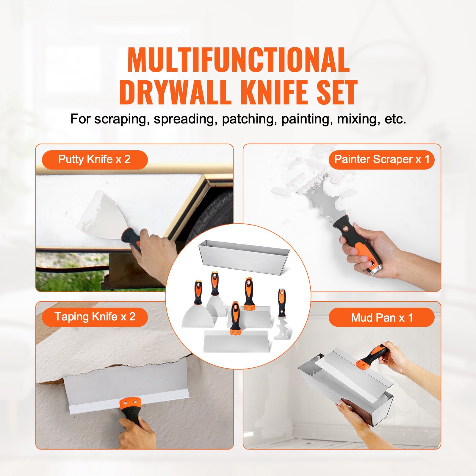6PCS Drywall Knife Set , Stainless Steel Paint Scraper Putty Knife 3'' 4'' 6'' 8'' 12'' with Mud Pan