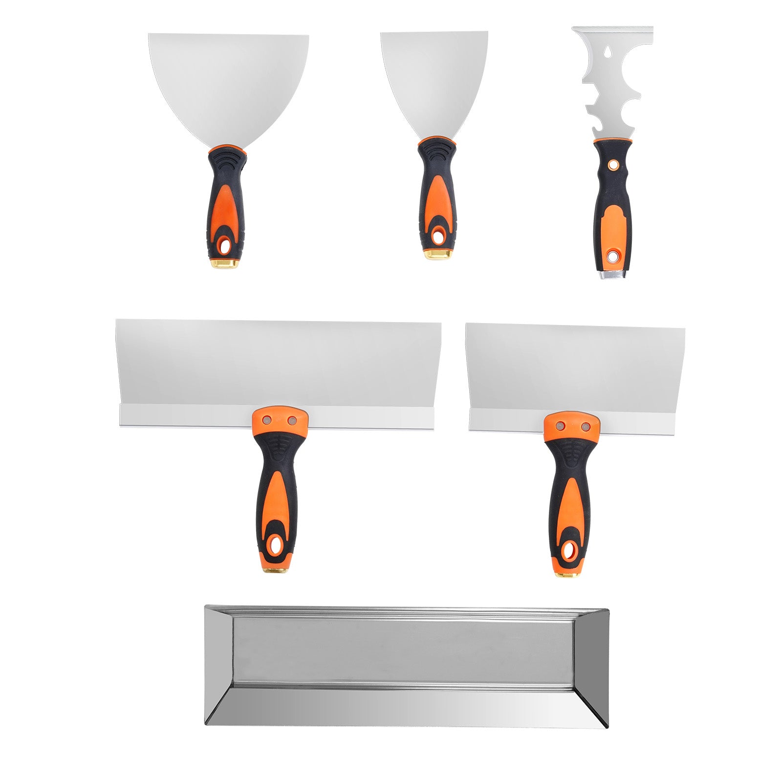 6PCS Drywall Knife Set , Stainless Steel Paint Scraper Putty Knife 3'' 4'' 6'' 8'' 12'' with Mud Pan