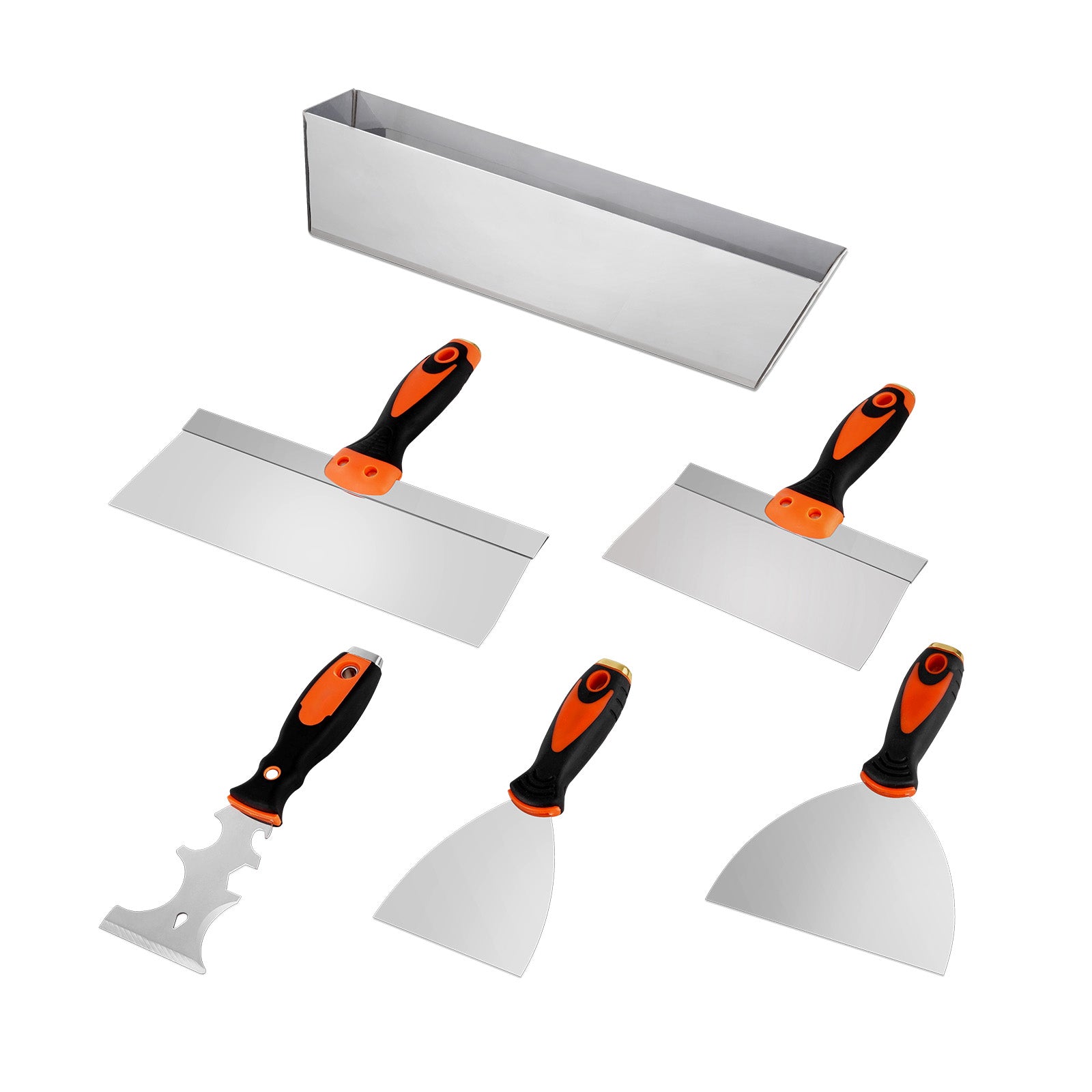 6PCS Drywall Knife Set , Stainless Steel Paint Scraper Putty Knife 3'' 4'' 6'' 8'' 12'' with Mud Pan