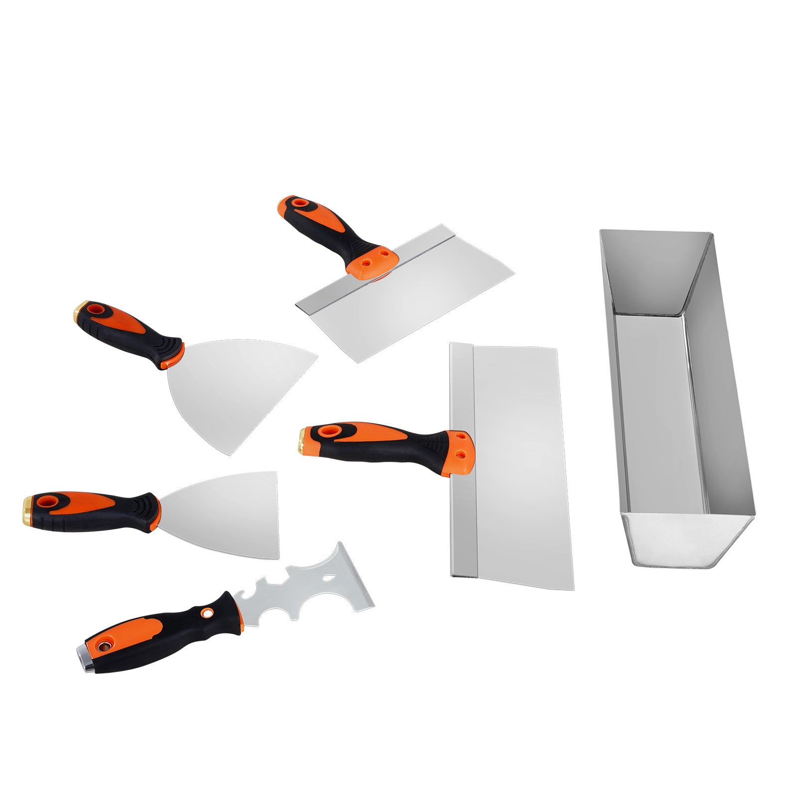 6PCS Drywall Knife Set , Stainless Steel Paint Scraper Putty Knife 3'' 4'' 6'' 8'' 12'' with Mud Pan