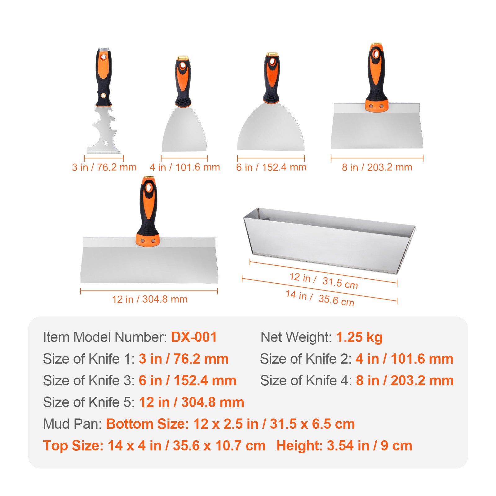 6PCS Drywall Knife Set , Stainless Steel Paint Scraper Putty Knife 3'' 4'' 6'' 8'' 12'' with Mud Pan