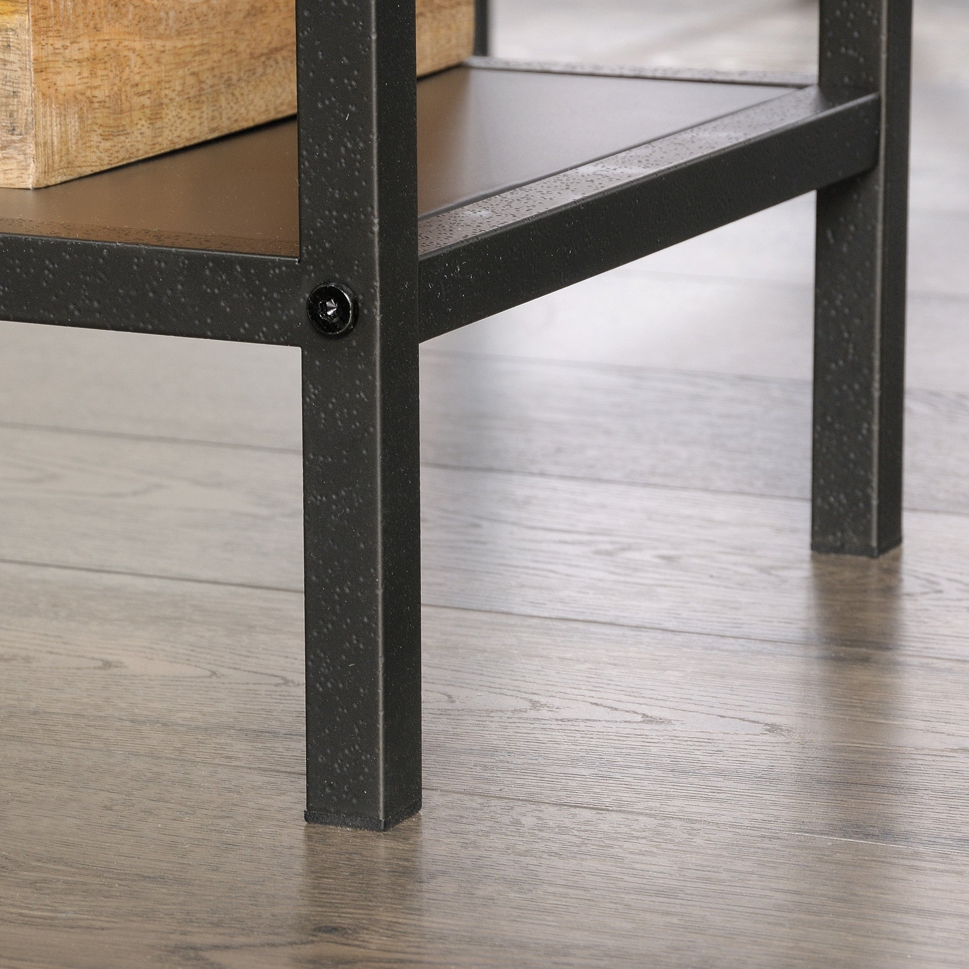Industrial L-Shaped Desk with 2 Drawers and Shelves, Brown finish