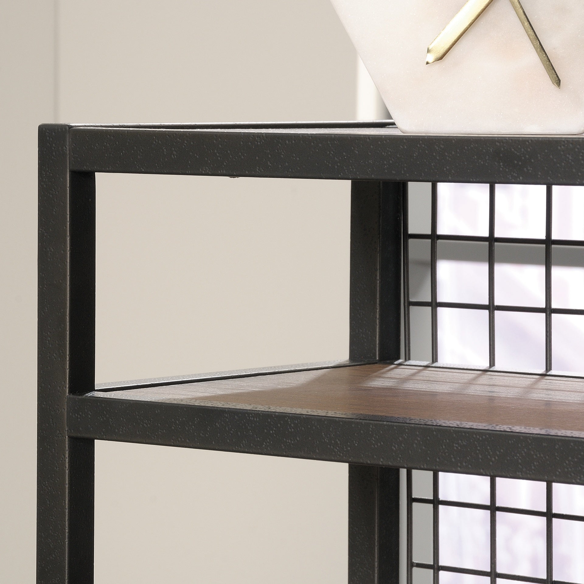 Industrial L-Shaped Desk with 2 Drawers and Shelves, Brown finish