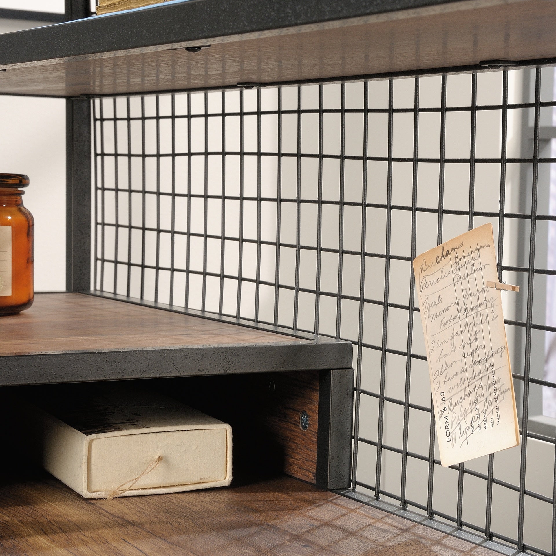 Industrial L-Shaped Desk with 2 Drawers and Shelves, Brown finish