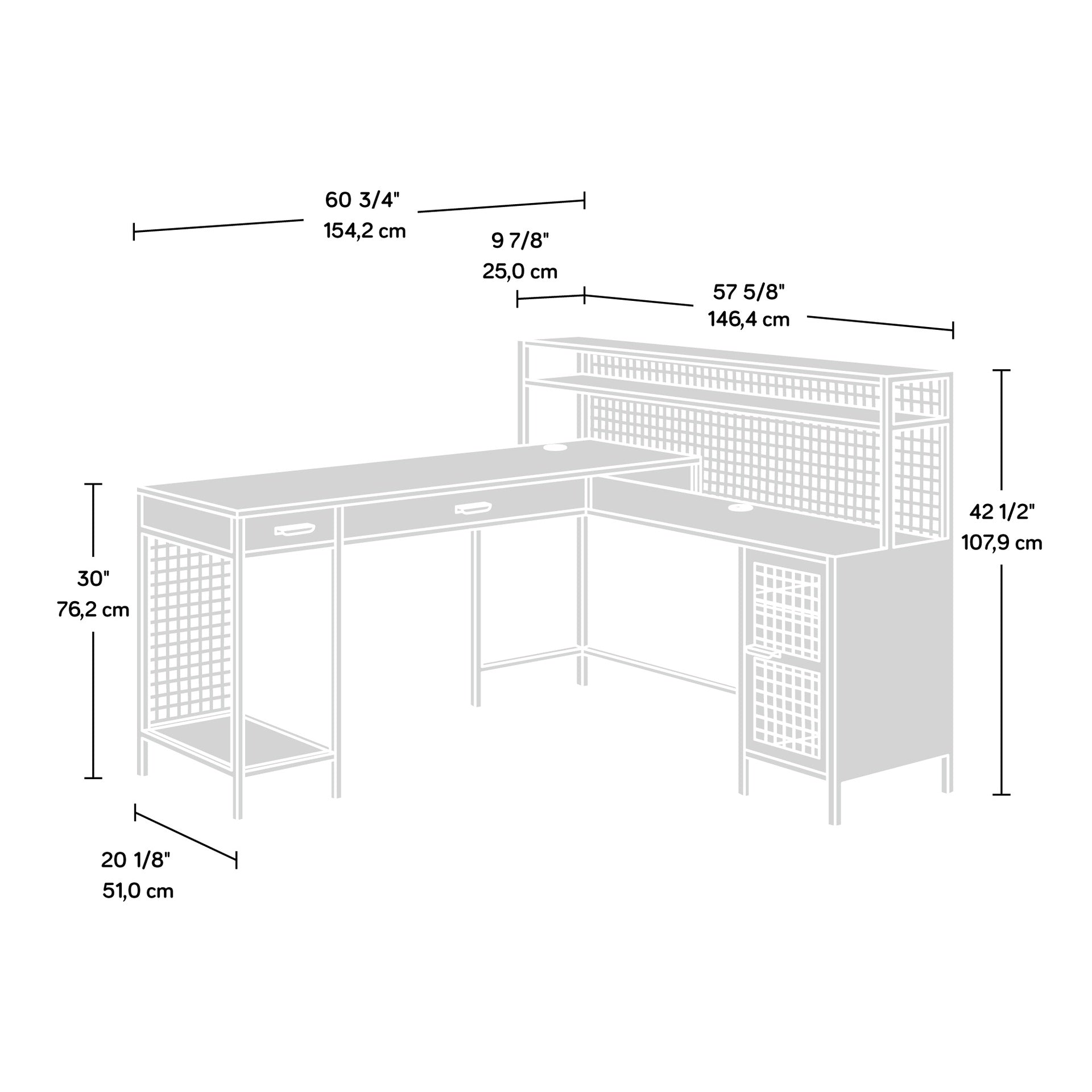 Industrial L-Shaped Desk with 2 Drawers and Shelves, Brown finish