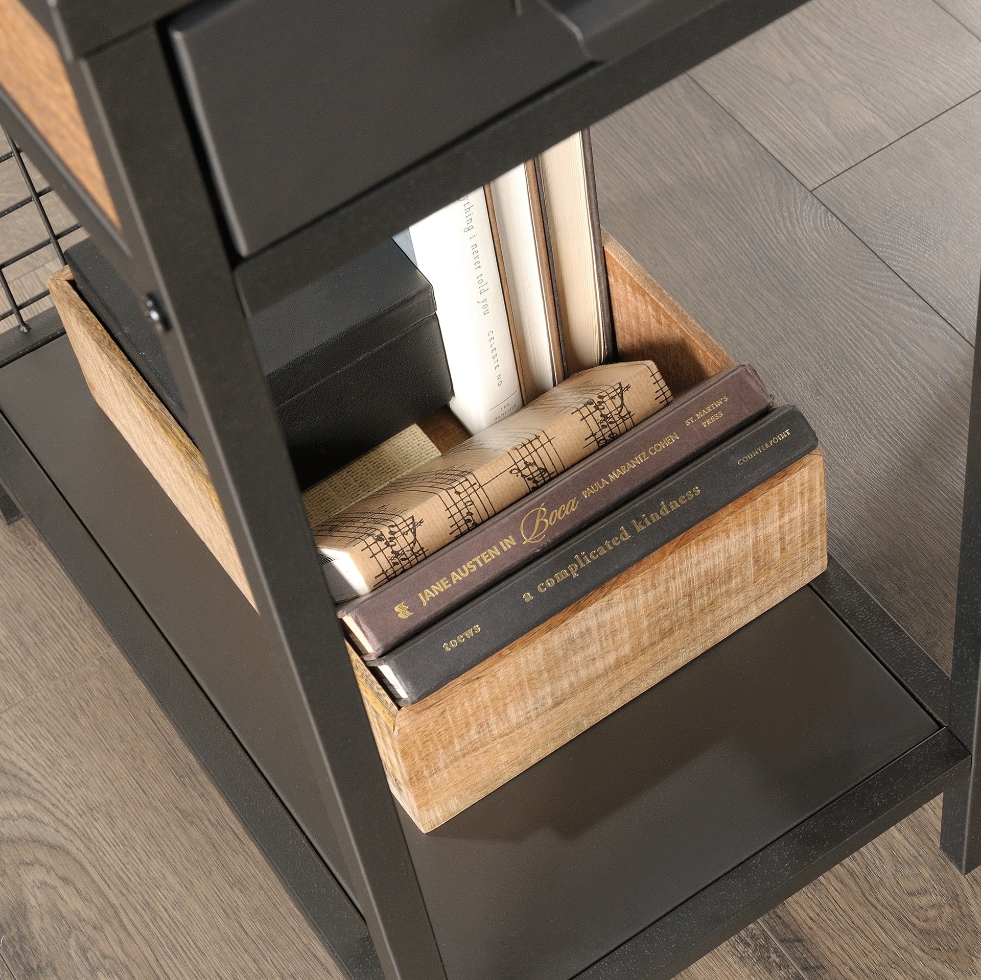 Industrial L-Shaped Desk with 2 Drawers and Shelves, Brown finish