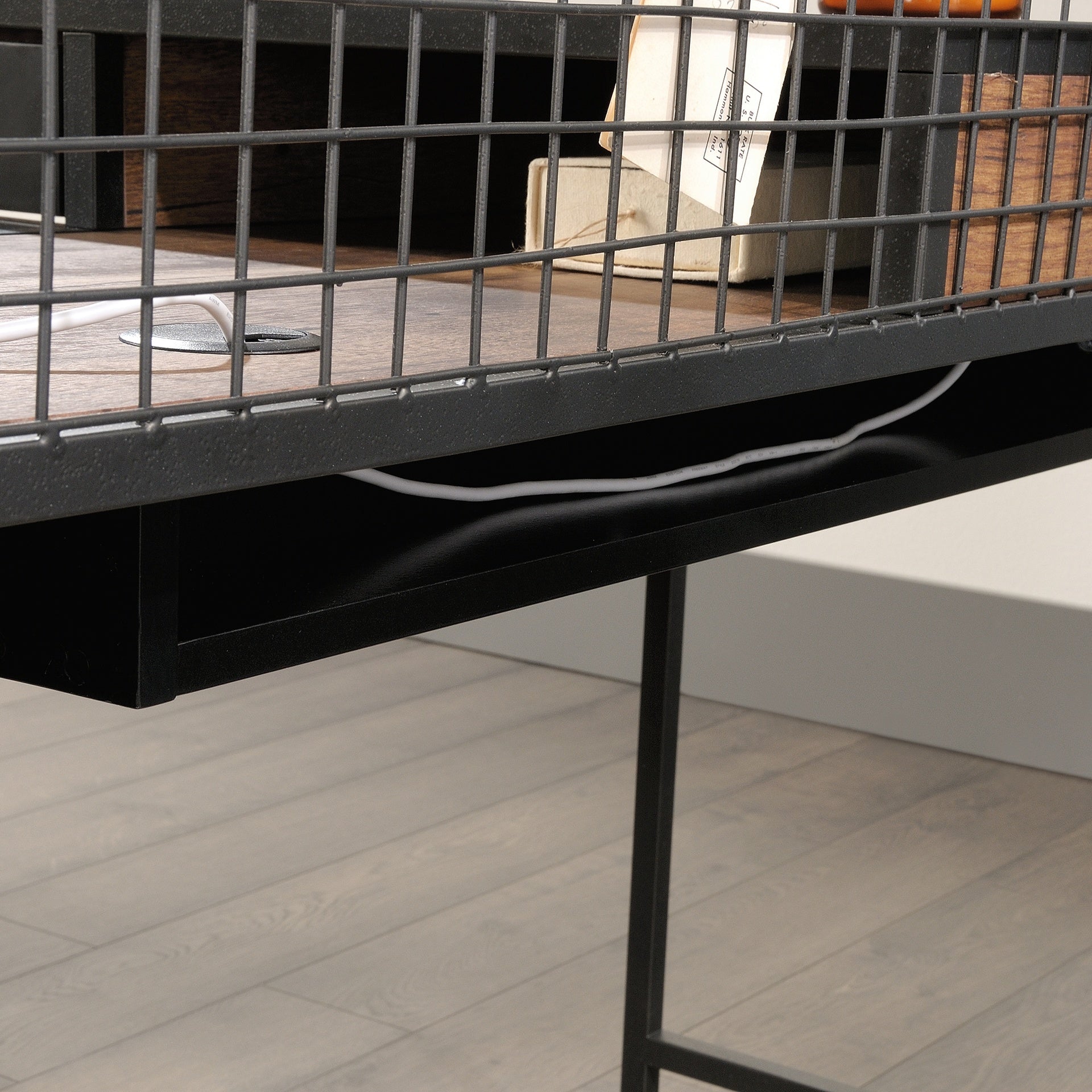 Industrial L-Shaped Desk with 2 Drawers and Shelves, Brown finish