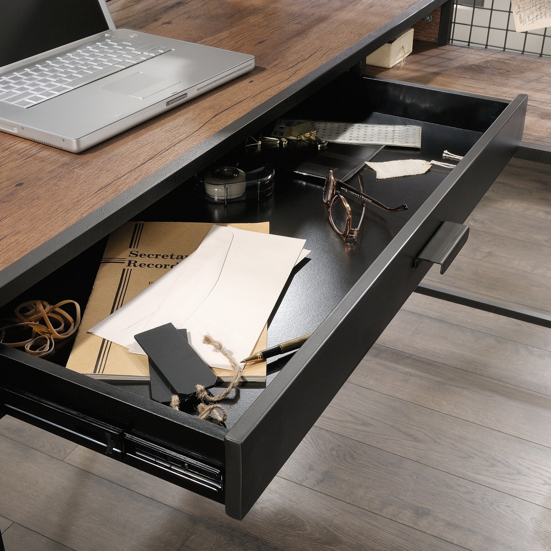 Industrial L-Shaped Desk with 2 Drawers and Shelves, Brown finish