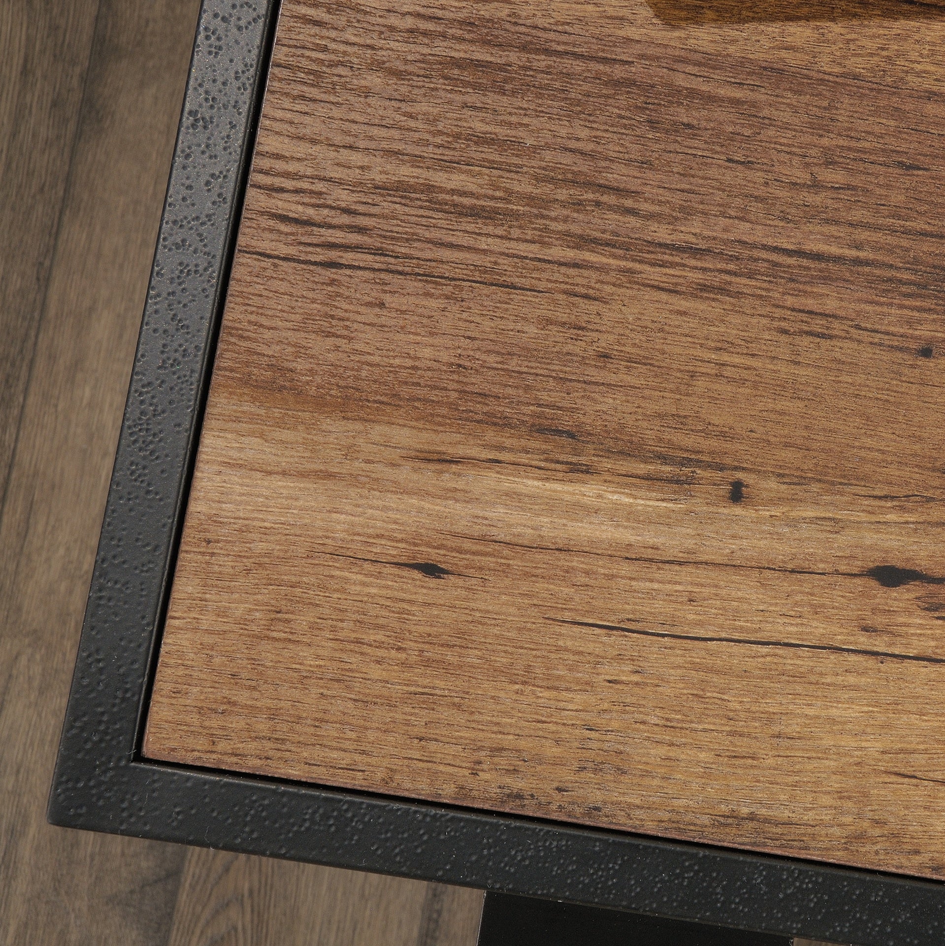 Industrial L-Shaped Desk with 2 Drawers and Shelves, Brown finish