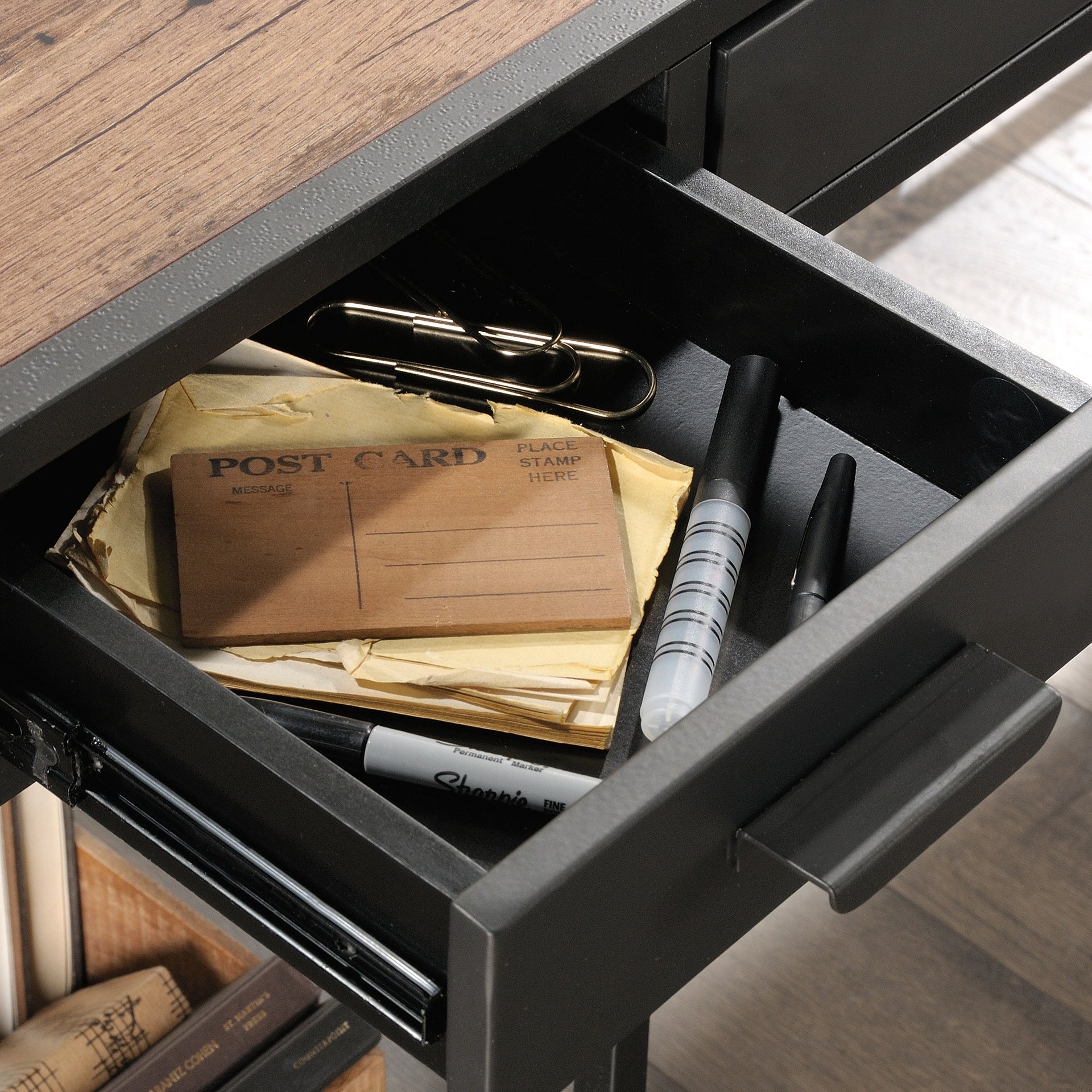 Industrial L-Shaped Desk with 2 Drawers and Shelves, Brown finish