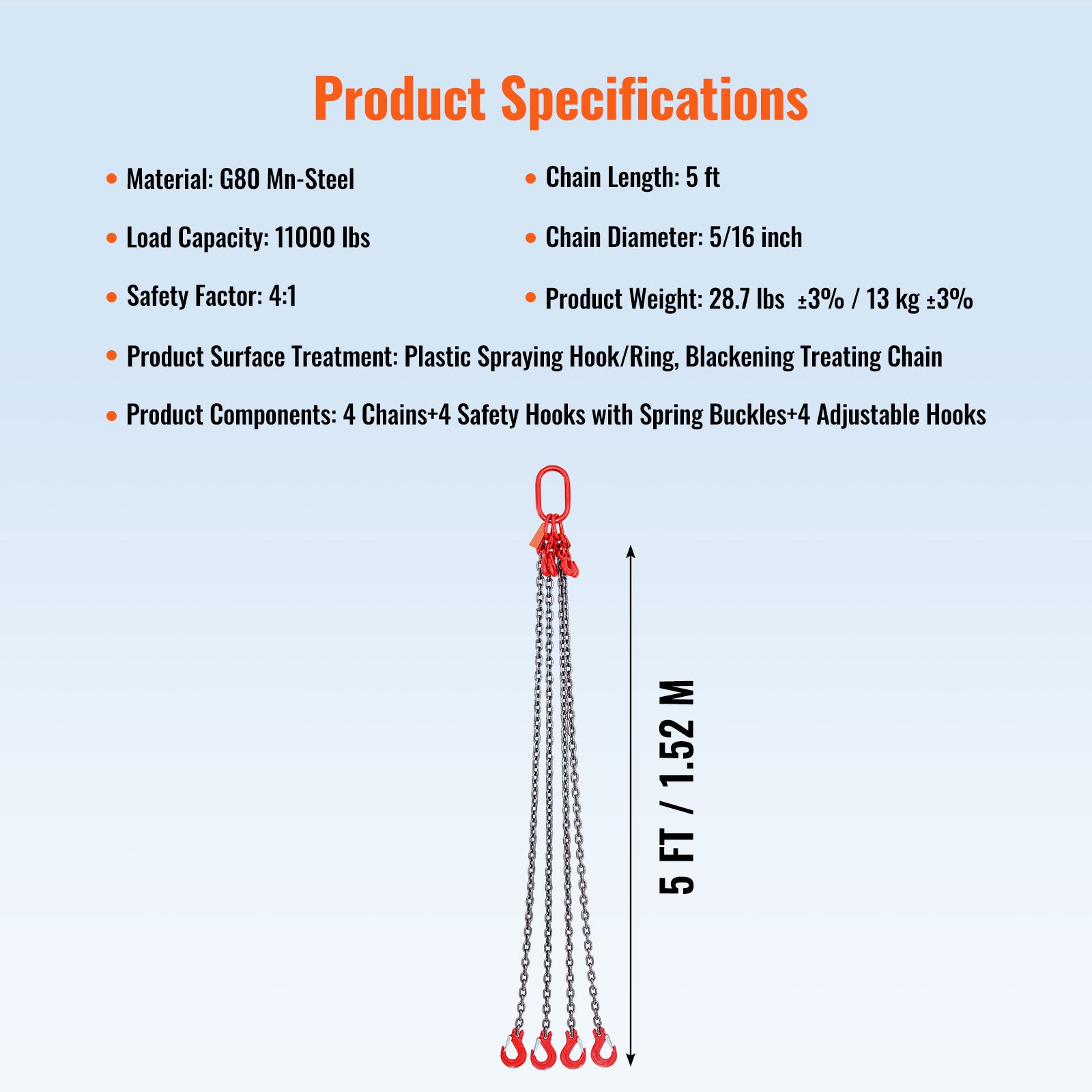 Chain Sling, 11000 lbs Weight Capacity, 5/16'' x 5' G80 Lifting Chain with Grab Hooks, DOT Certified, Blackening Coating Manganese Steel & Adjustable Length, for Dock Factory Construction Site