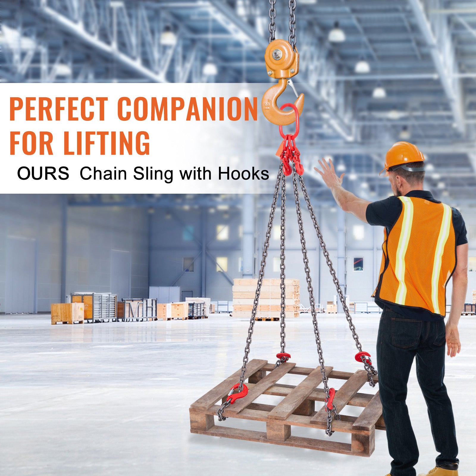 Chain Sling, 11000 lbs Weight Capacity, 5/16'' x 5' G80 Lifting Chain with Grab Hooks, DOT Certified, Blackening Coating Manganese Steel & Adjustable Length, for Dock Factory Construction Site