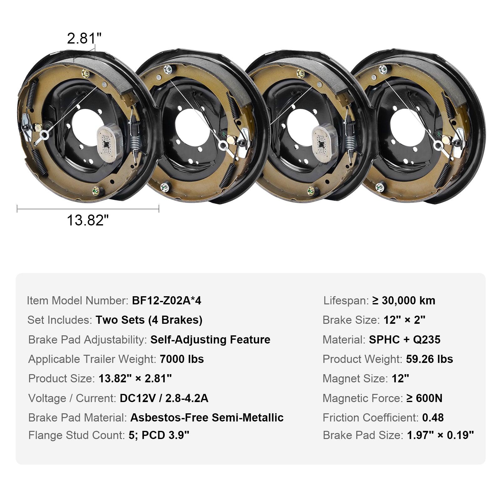 Electric Trailer Brake Assembly, 12" x 2", 2 Pairs Self-Adjusting Electric Brakes Kit for 7000 lbs Axle, 5-Hole Mounting, Backing Plates for Braking System Part Replacement (2 Right + 2 Left)