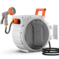 1/2" x 145ft Retractable Garden Hose Reel – Wall-Mounted Heavy-Duty Hose Reel with 9-Pattern Nozzle, Any-Length Lock & 180° Swivel Bracket, Upgraded Slow-Return for Large Lawns & Gardens