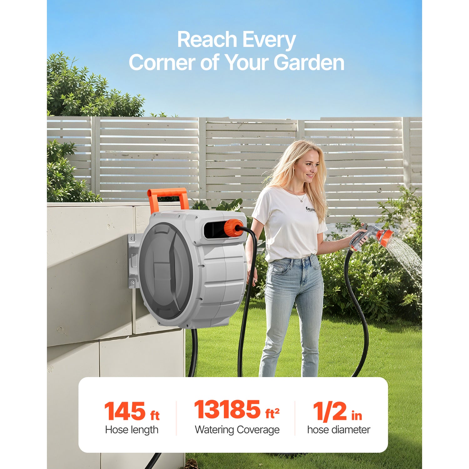 1/2" x 145ft Retractable Garden Hose Reel – Wall-Mounted Heavy-Duty Hose Reel with 9-Pattern Nozzle, Any-Length Lock & 180° Swivel Bracket, Upgraded Slow-Return for Large Lawns & Gardens
