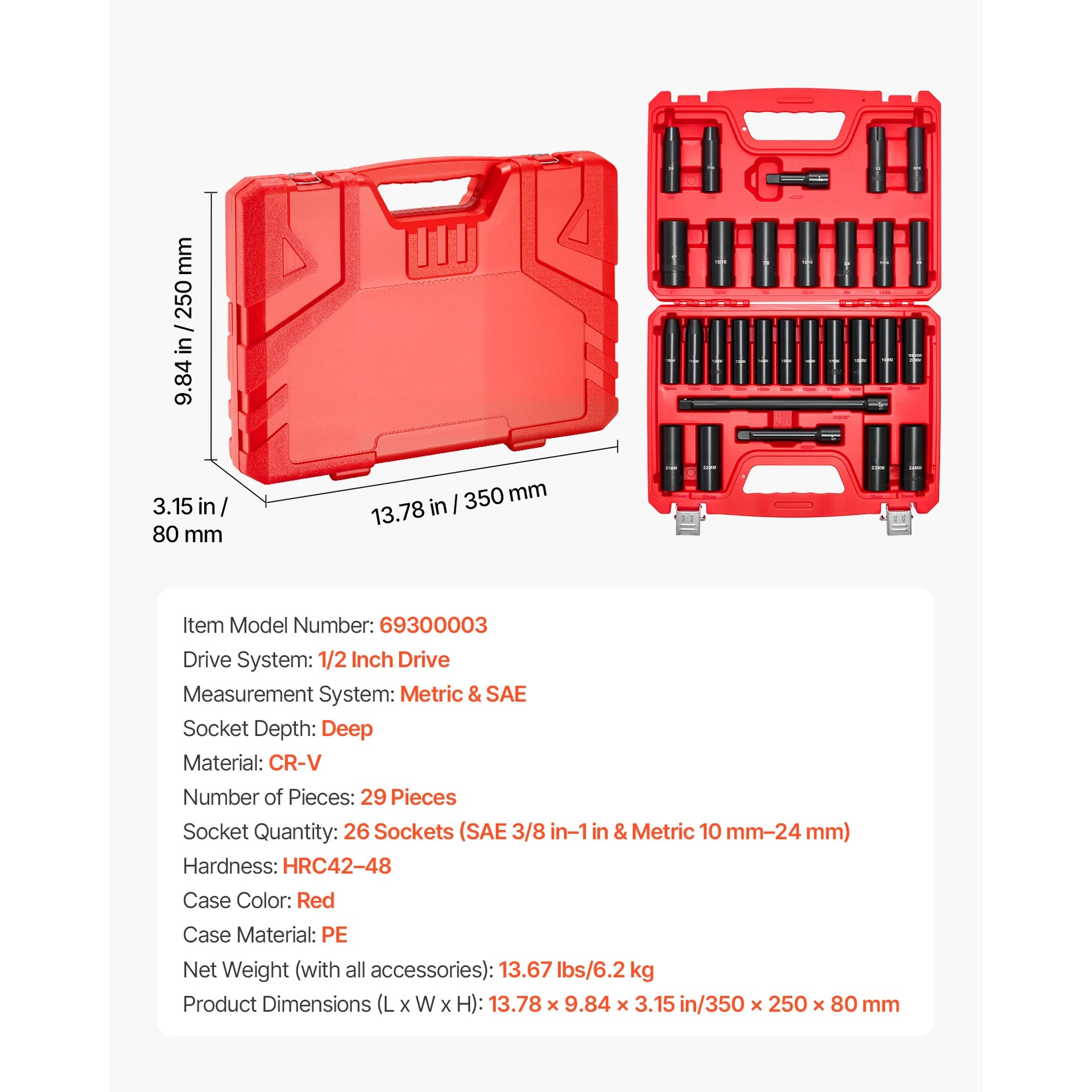 1/2 in Drive Impact Socket Set, 29 Piece, 6 Point Deep Impact Sockets, SAE (3/8 to 1 inch) and Metric (10 to 24 mm) Sizes with Extension Bars (3, 5, 10 in), Cr-V Steel, Heavy Duty Carrying Case