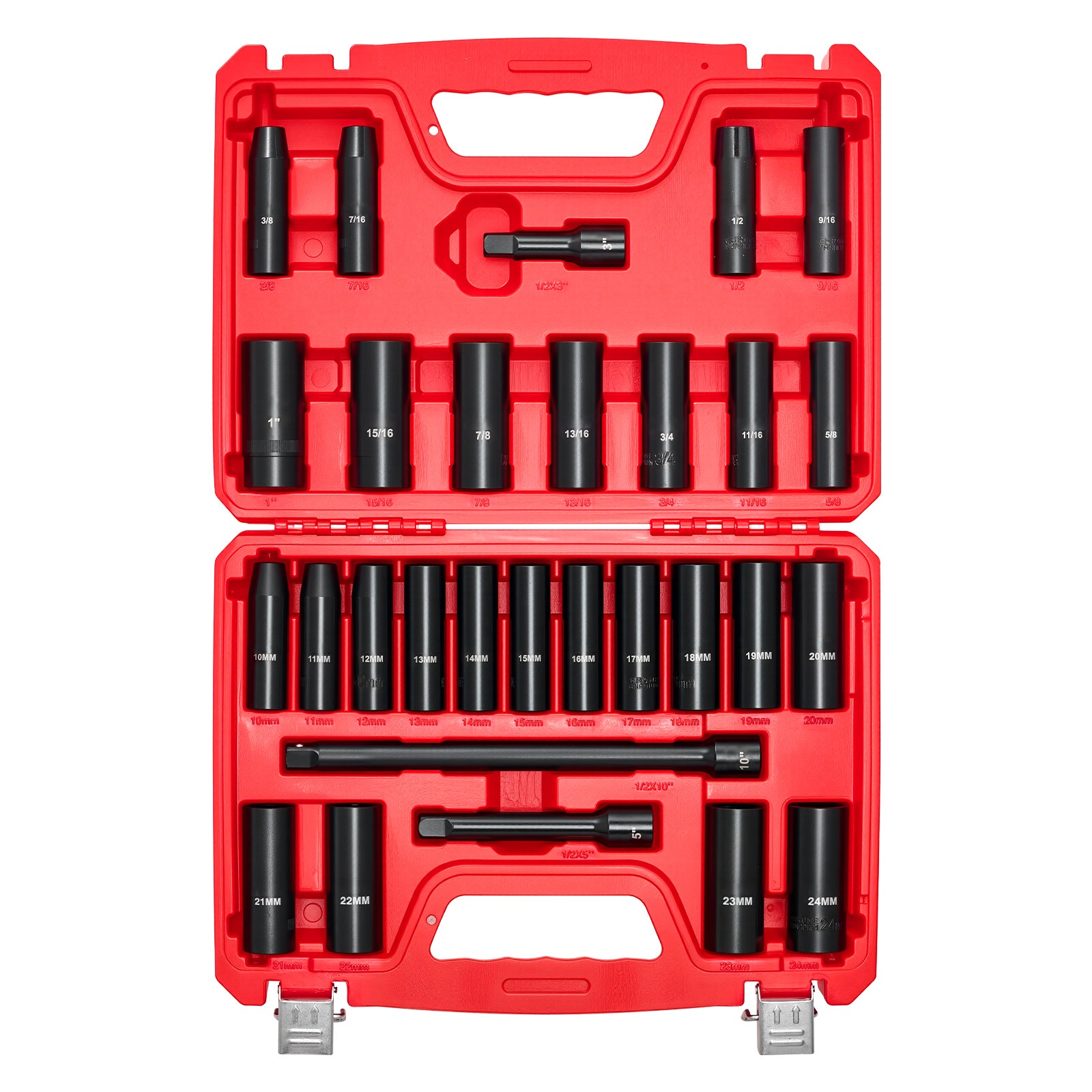 1/2 in Drive Impact Socket Set, 29 Piece, 6 Point Deep Impact Sockets, SAE (3/8 to 1 inch) and Metric (10 to 24 mm) Sizes with Extension Bars (3, 5, 10 in), Cr-V Steel, Heavy Duty Carrying Case