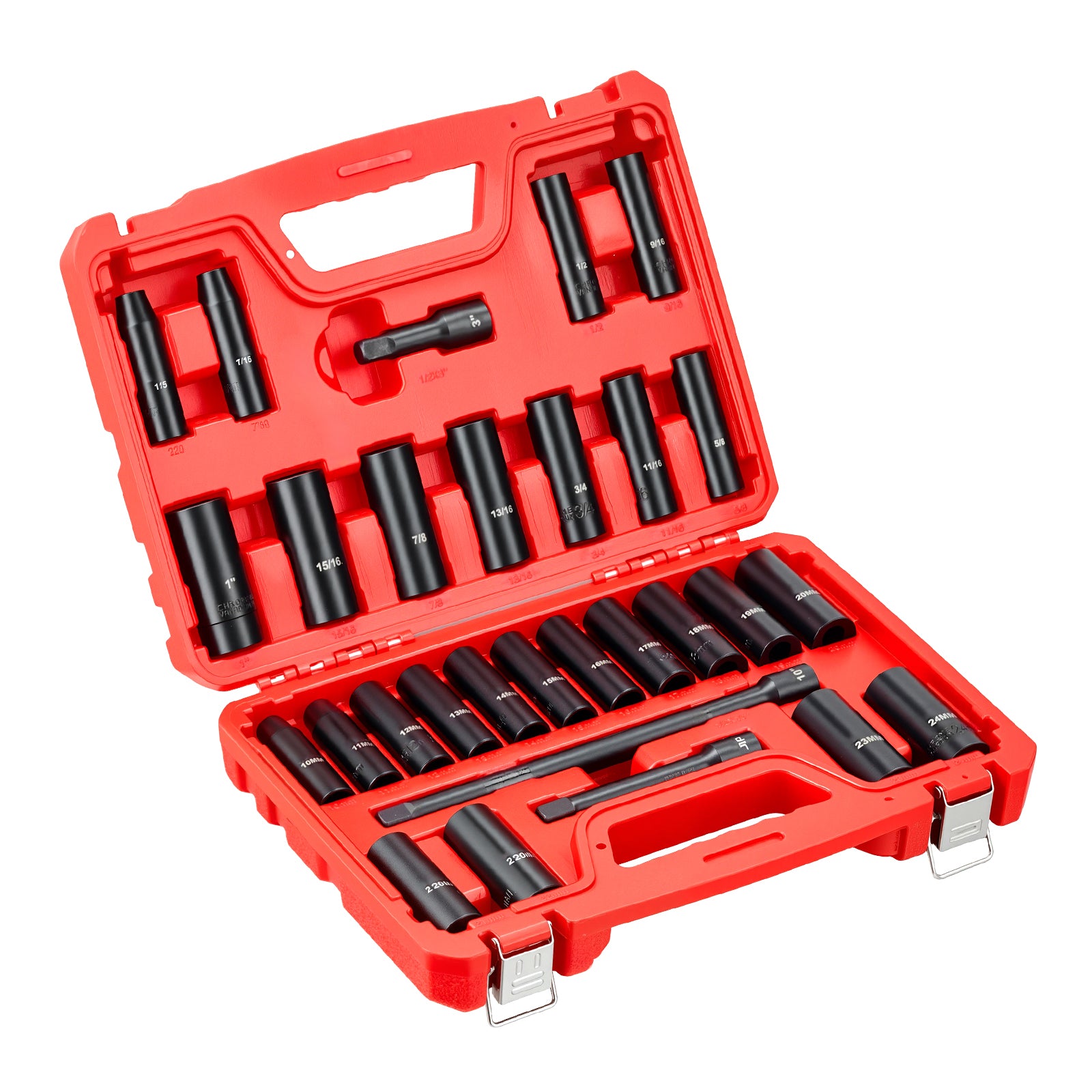 1/2 in Drive Impact Socket Set, 29 Piece, 6 Point Deep Impact Sockets, SAE (3/8 to 1 inch) and Metric (10 to 24 mm) Sizes with Extension Bars (3, 5, 10 in), Cr-V Steel, Heavy Duty Carrying Case