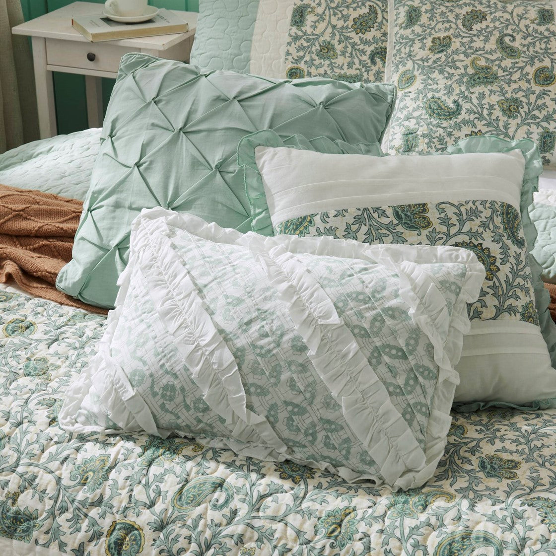 6 Piece Cotton Percale Quilt Set with Throw Pillows Aqua King/Cal King