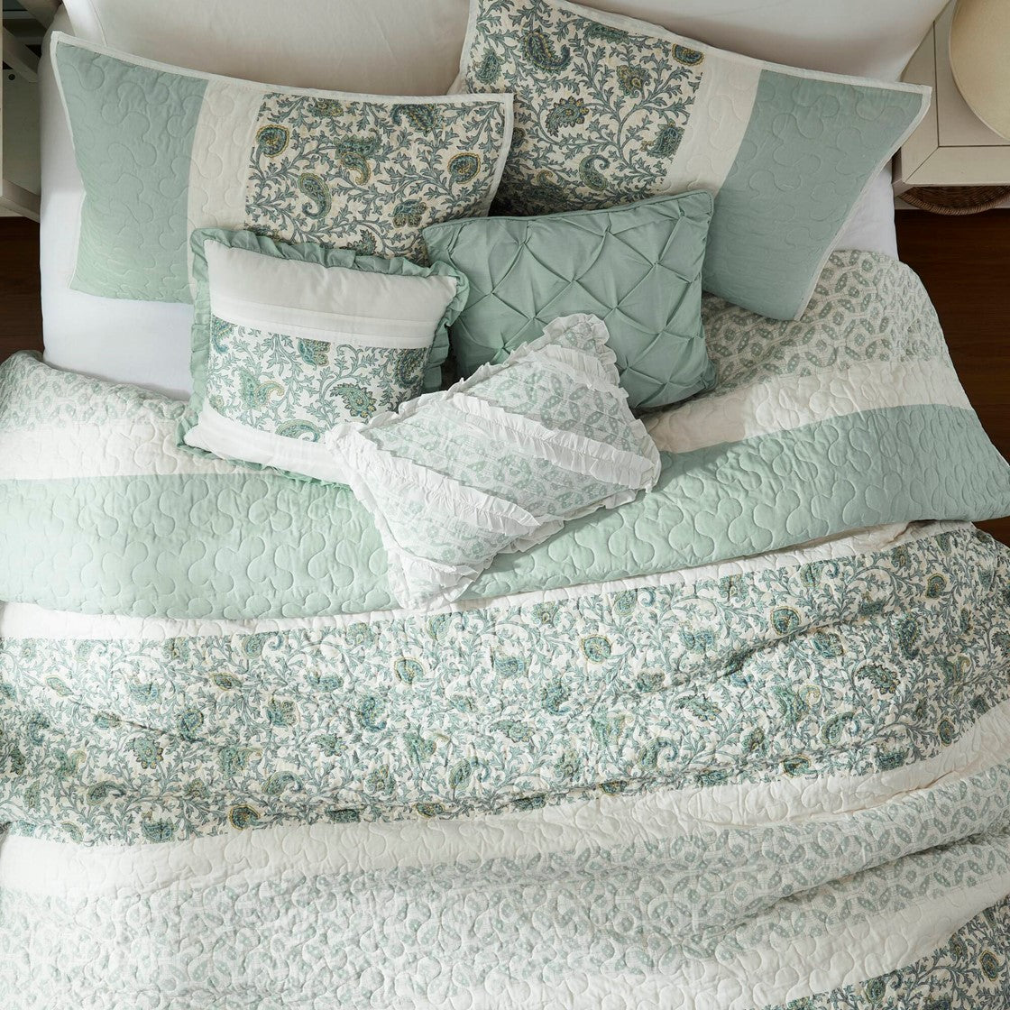 6 Piece Cotton Percale Quilt Set with Throw Pillows Aqua King/Cal King