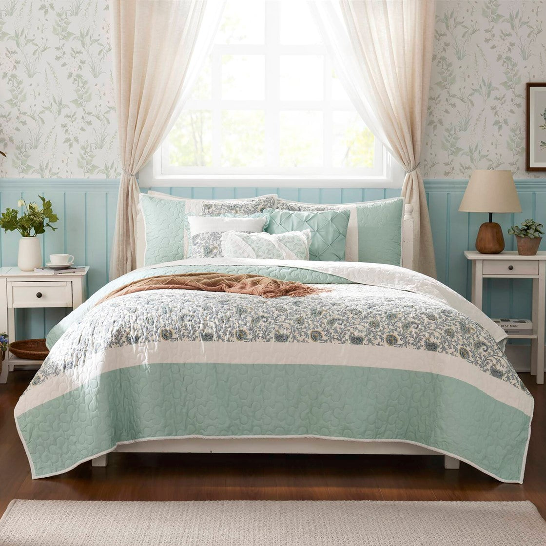 6 Piece Cotton Percale Quilt Set with Throw Pillows Aqua King/Cal King