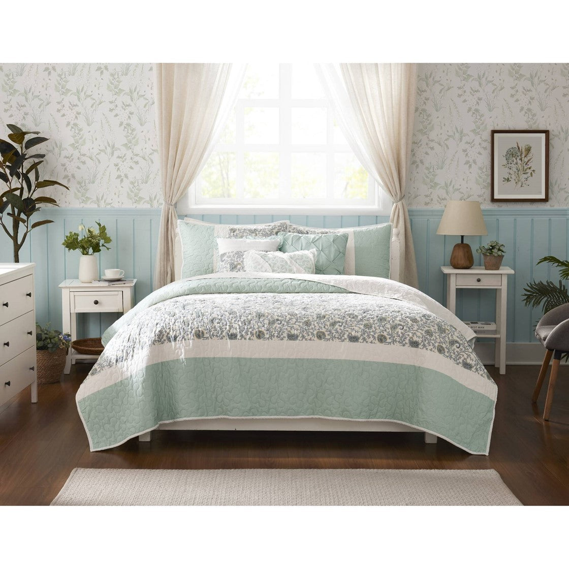 6 Piece Cotton Percale Quilt Set with Throw Pillows Aqua King/Cal King