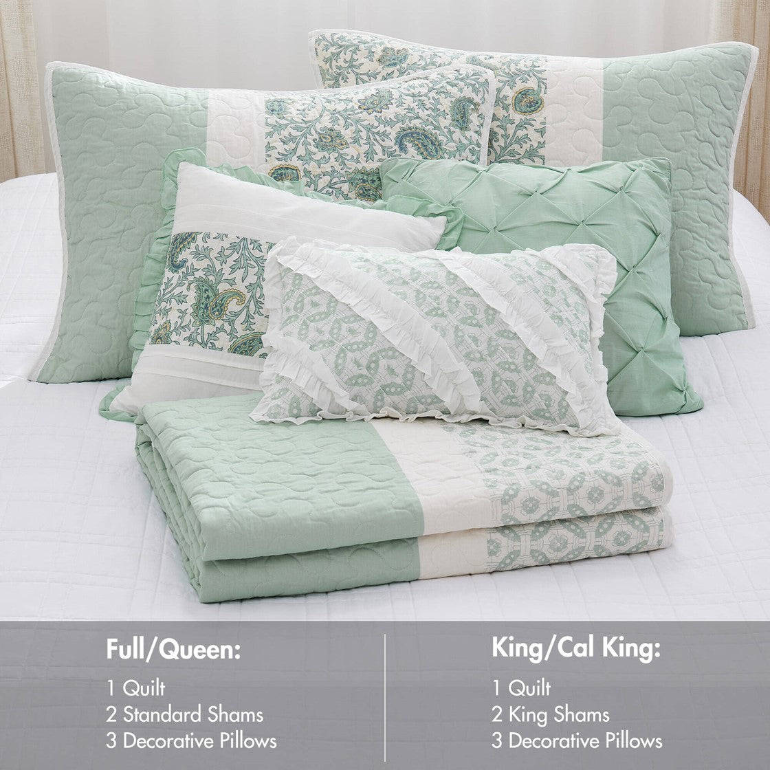 6 Piece Cotton Percale Quilt Set with Throw Pillows Aqua King/Cal King
