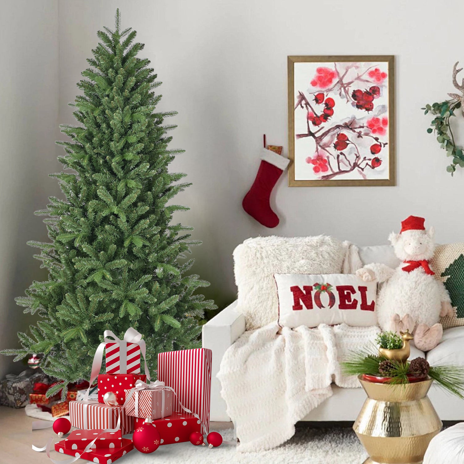 6ft Artificial Christmas Tree, 1168 Branch Tips, Full Lush Hinged Pine with PE+PVC Mixed Needles, Easy Assembly Holiday Tree with Sturdy Metal Stand for Indoor Christmas Decoration
