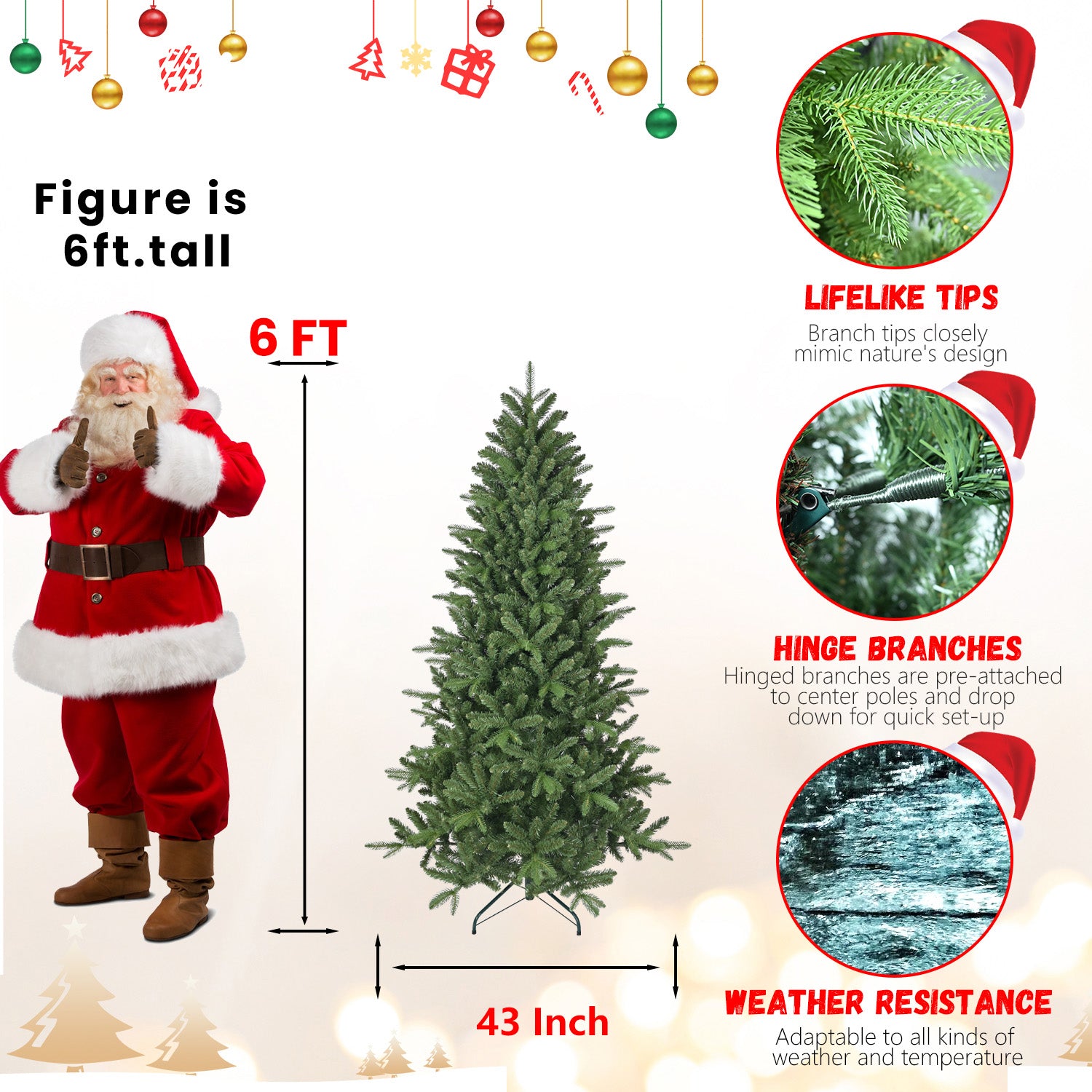 6ft Artificial Christmas Tree, 1168 Branch Tips, Full Lush Hinged Pine with PE+PVC Mixed Needles, Easy Assembly Holiday Tree with Sturdy Metal Stand for Indoor Christmas Decoration