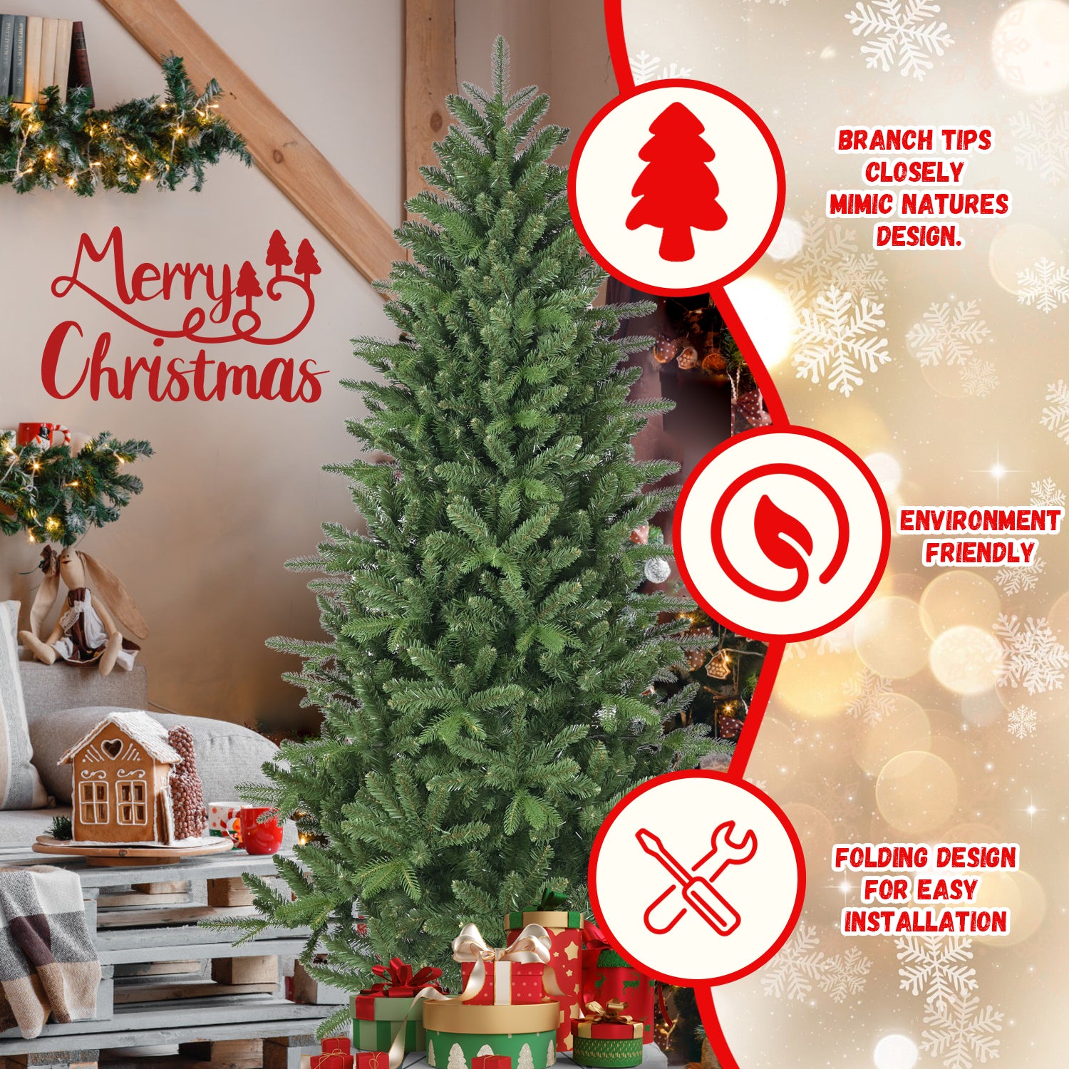 6ft Artificial Christmas Tree, 1168 Branch Tips, Full Lush Hinged Pine with PE+PVC Mixed Needles, Easy Assembly Holiday Tree with Sturdy Metal Stand for Indoor Christmas Decoration