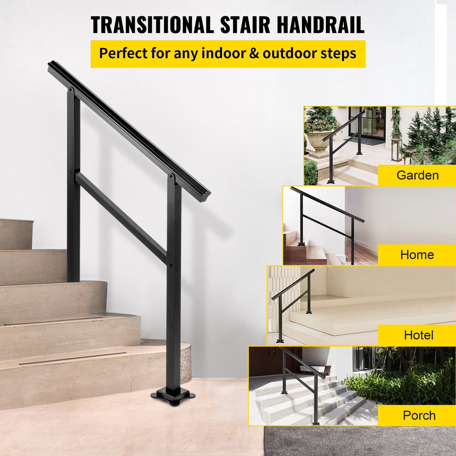 Outdoor Handrail 165LBS Load Handrail Outdoor Stairs Aluminum Stair Handrail 36 x 35" Outdoor Stair Railing Transitional Range from 0 to 30° Staircase Handrail Fits 2-3 Steps with Screw Kit