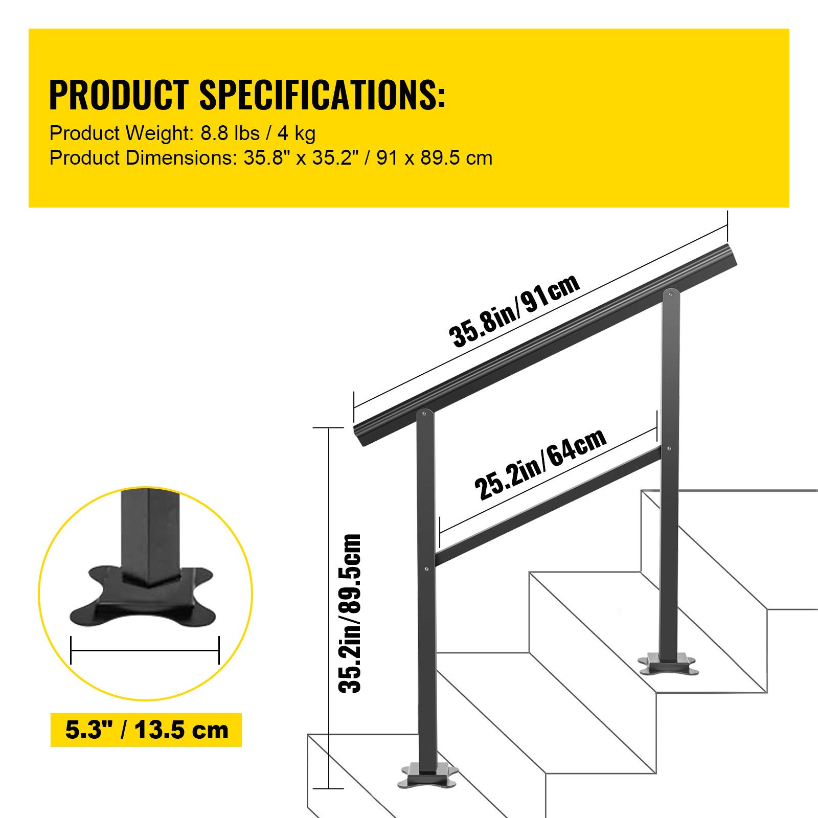 Outdoor Handrail 165LBS Load Handrail Outdoor Stairs Aluminum Stair Handrail 36 x 35" Outdoor Stair Railing Transitional Range from 0 to 30° Staircase Handrail Fits 2-3 Steps with Screw Kit