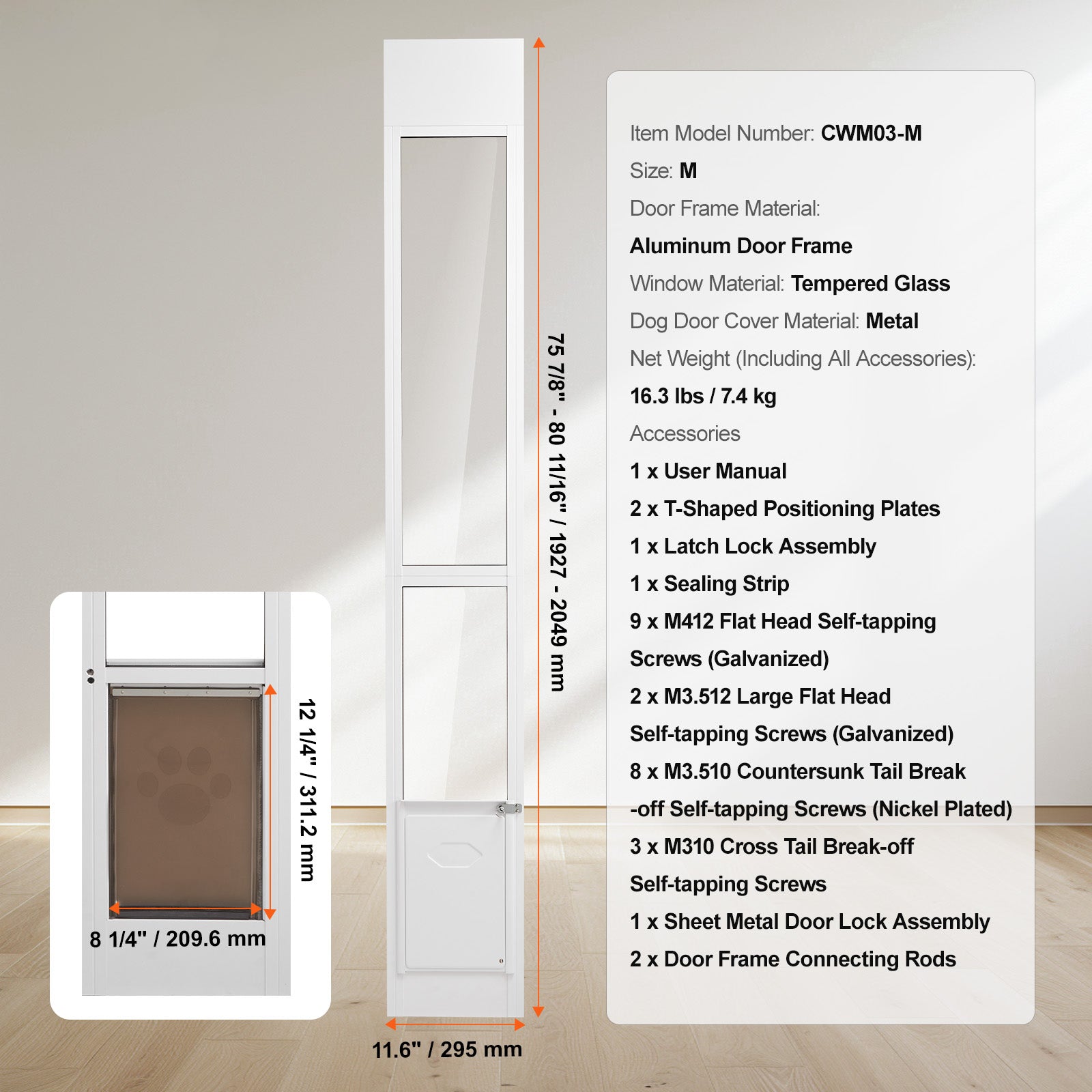 Dog Door for Sliding Glass Door 75 7/8"-80 11/16" Adjustable Height M
