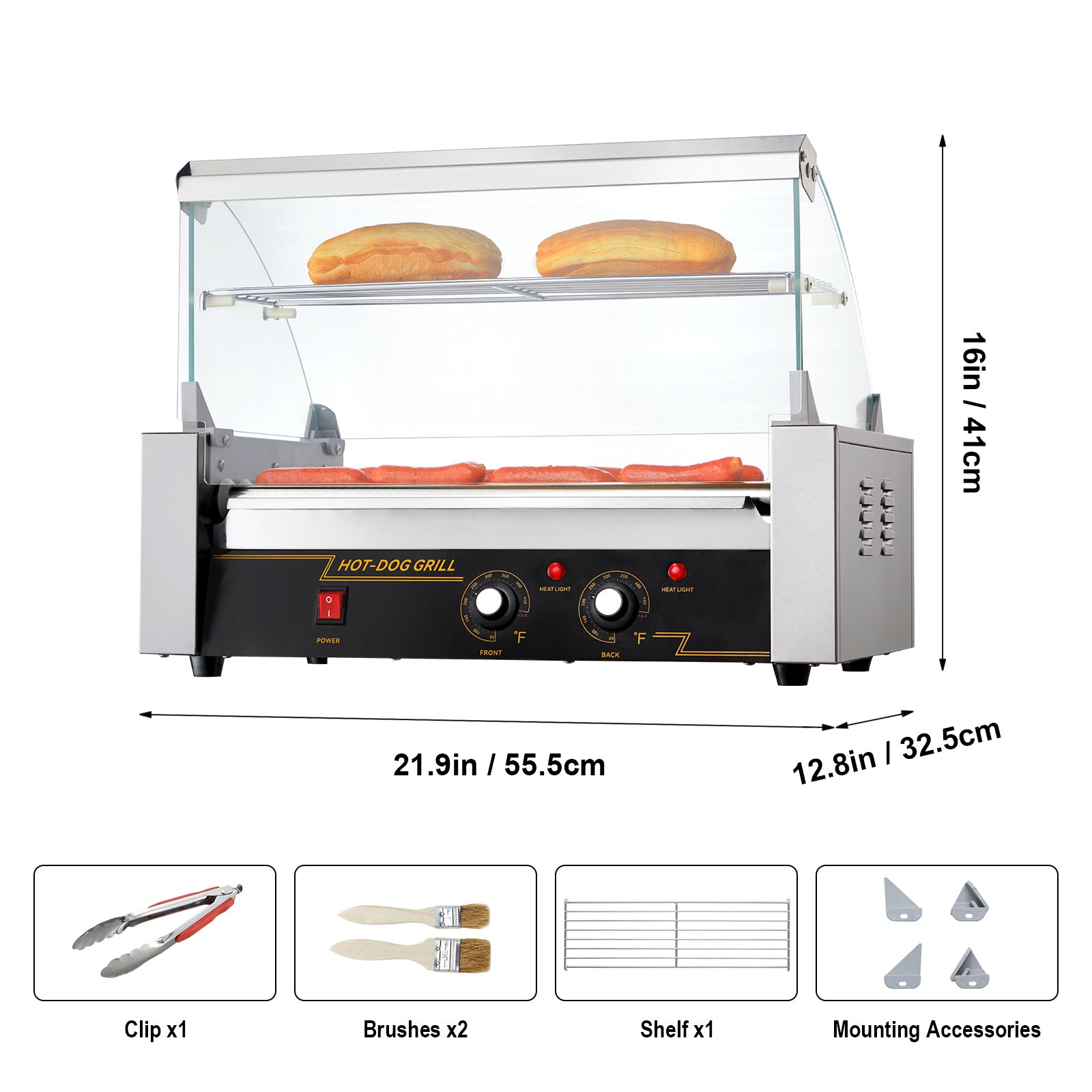 Hot Dog Roller 7 Rollers 18 Hot Dogs Capacity 1050W Stainless Sausage Grill Cooker Machine with Dual Temp Control Glass Hood Acrylic Cover Bun Warmer Shelf Removable Oil Drip Tray, ETL Certified