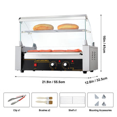 Hot Dog Roller 7 Rollers 18 Hot Dogs Capacity 1050W Stainless Sausage Grill Cooker Machine with Dual Temp Control Glass Hood Acrylic Cover Bun Warmer Shelf Removable Oil Drip Tray, ETL Certified