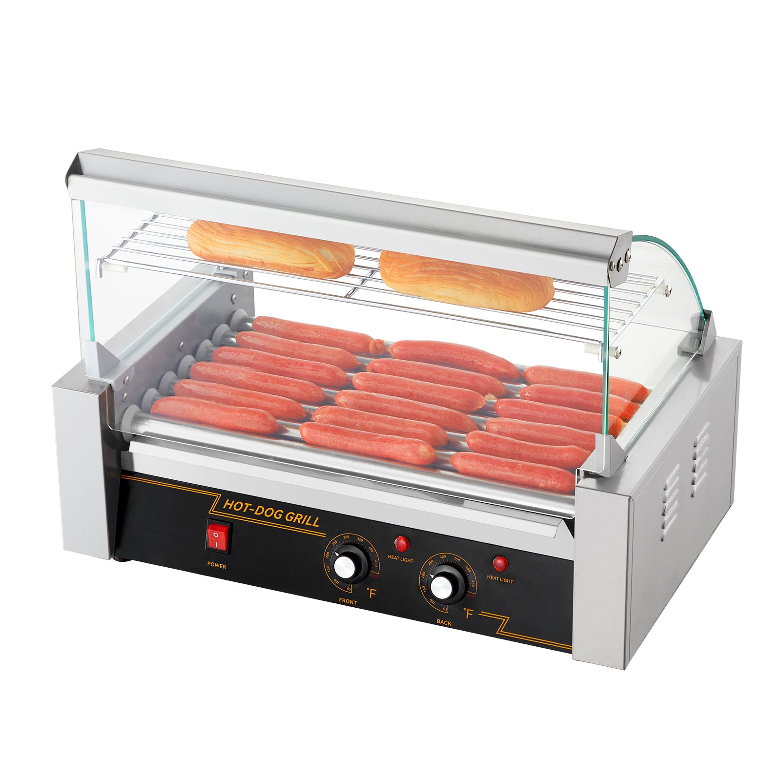 Hot Dog Roller 7 Rollers 18 Hot Dogs Capacity 1050W Stainless Sausage Grill Cooker Machine with Dual Temp Control Glass Hood Acrylic Cover Bun Warmer Shelf Removable Oil Drip Tray, ETL Certified