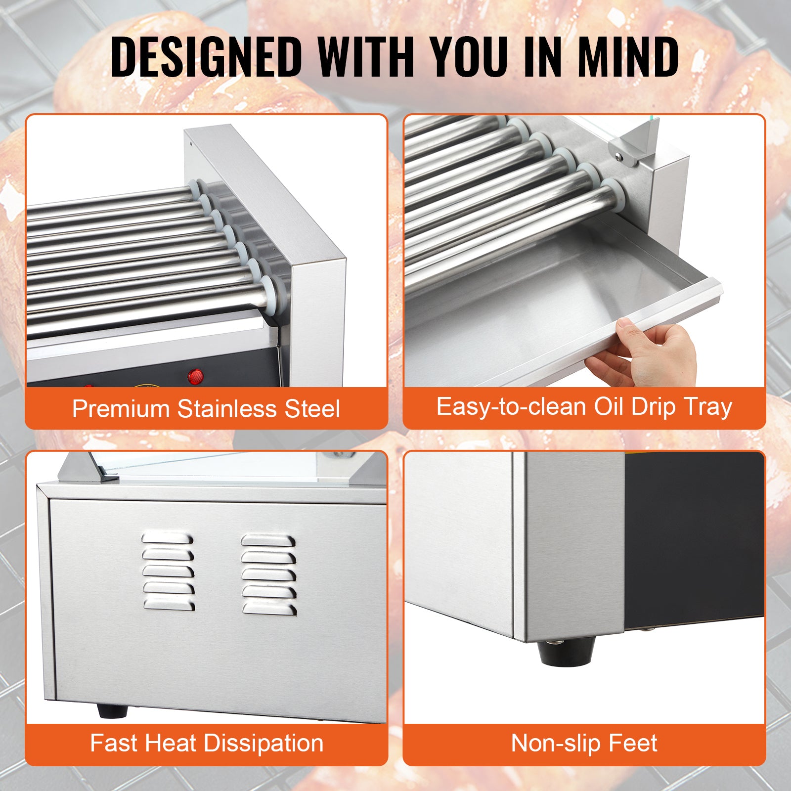Hot Dog Roller 7 Rollers 18 Hot Dogs Capacity 1050W Stainless Sausage Grill Cooker Machine with Dual Temp Control Glass Hood Acrylic Cover Bun Warmer Shelf Removable Oil Drip Tray, ETL Certified